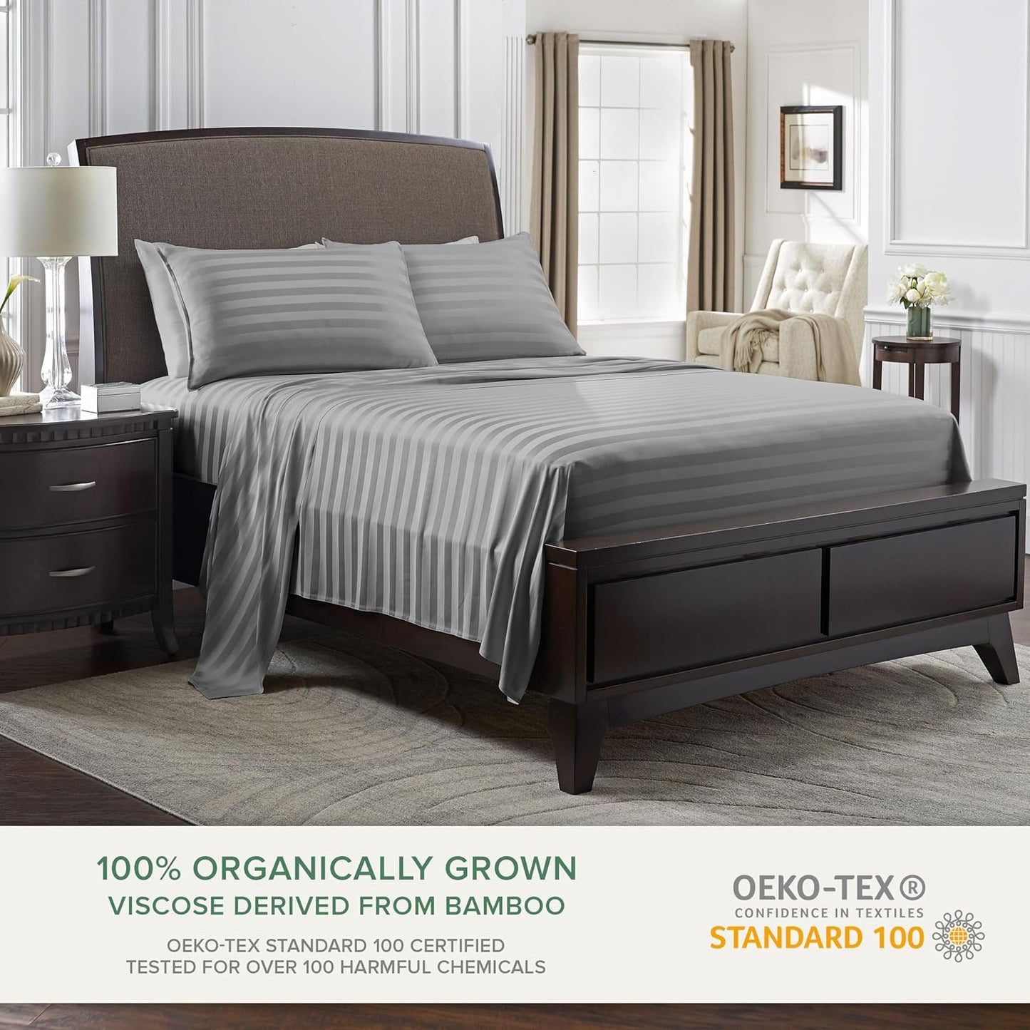 Pure Bamboo Twin Sheets - Luxuriously Soft 100% Organic Viscose Bed Sheet Set | Cooling Jacquard Stone