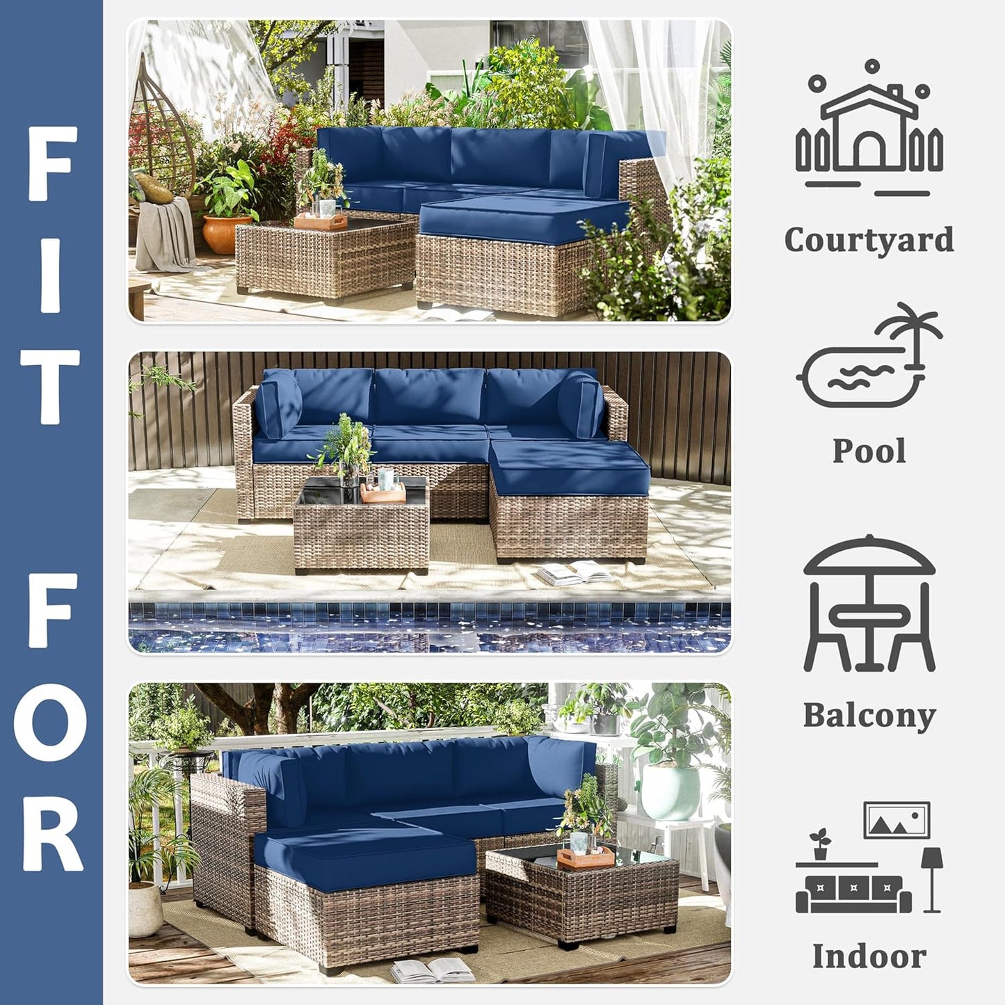 Skiennix Outdoor Chair Cushion Covers - Waterproof & Anti-Fading | 9-Piece Set, Blue