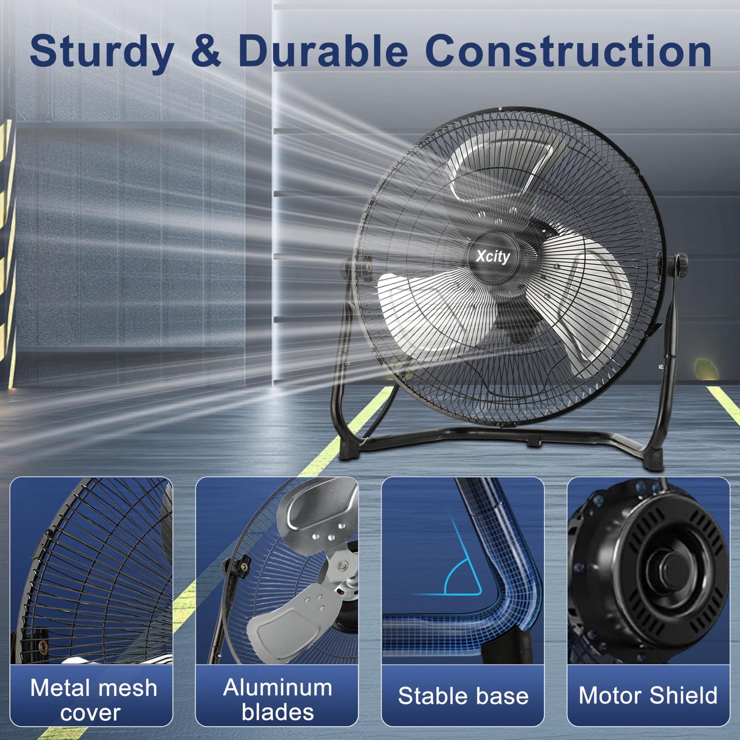 Xcity 14 Inch Metal Industrial Floor Fans, Max 2100 CFM, Heavy Duty High Velocity Fan with 3-speed and 360°Adjustable Tilt, for Warehouse, Workshop, Commercial, Factory, Garage