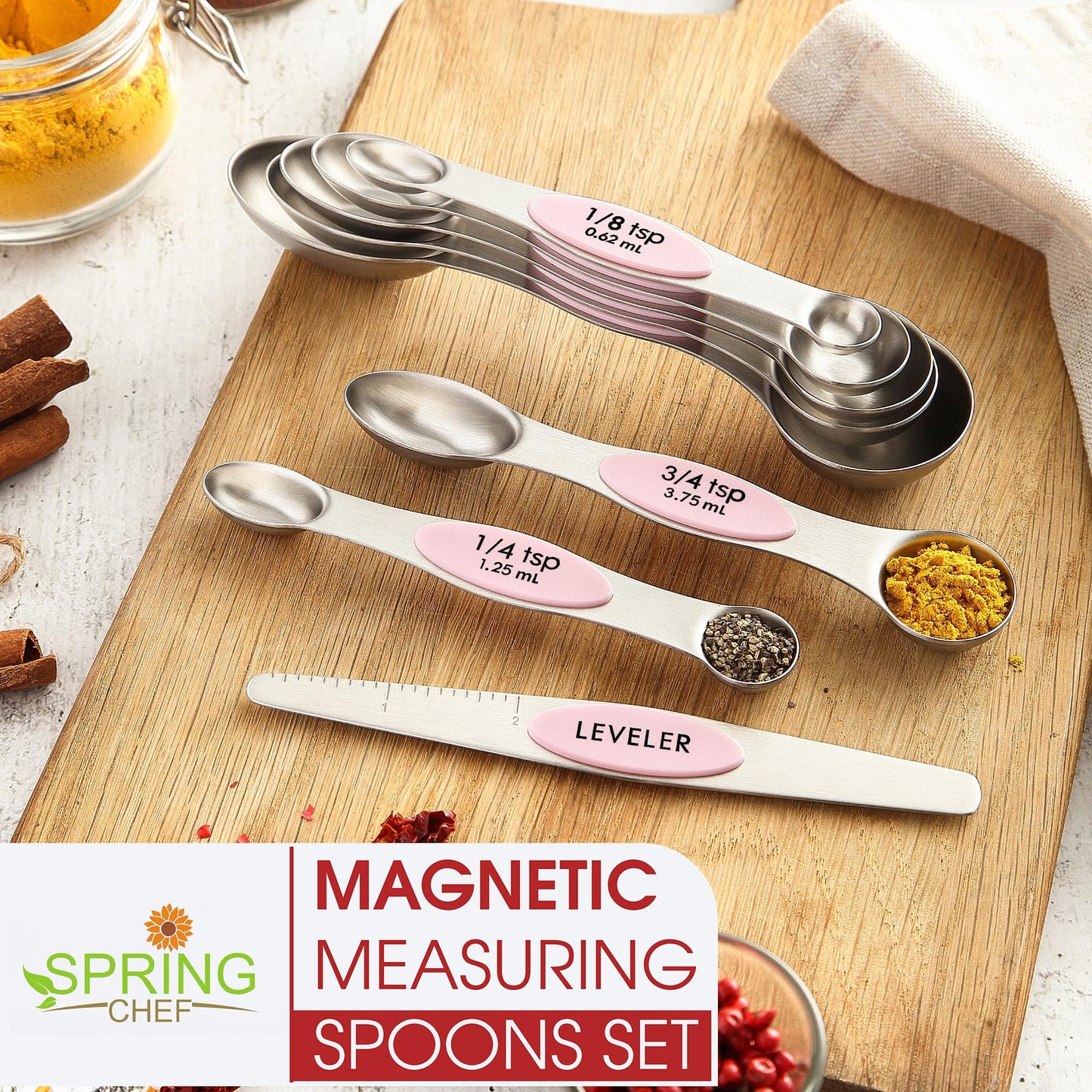 Spring Chef Stainless Steel Magnetic Measuring Spoons Set of 8 with Leveler, Dual Sided Teaspoon & Tablespoon Measuring Spoons with Strong Magnets, Kitchen Gadgets for Baking & Cooking - Pink Lemonade