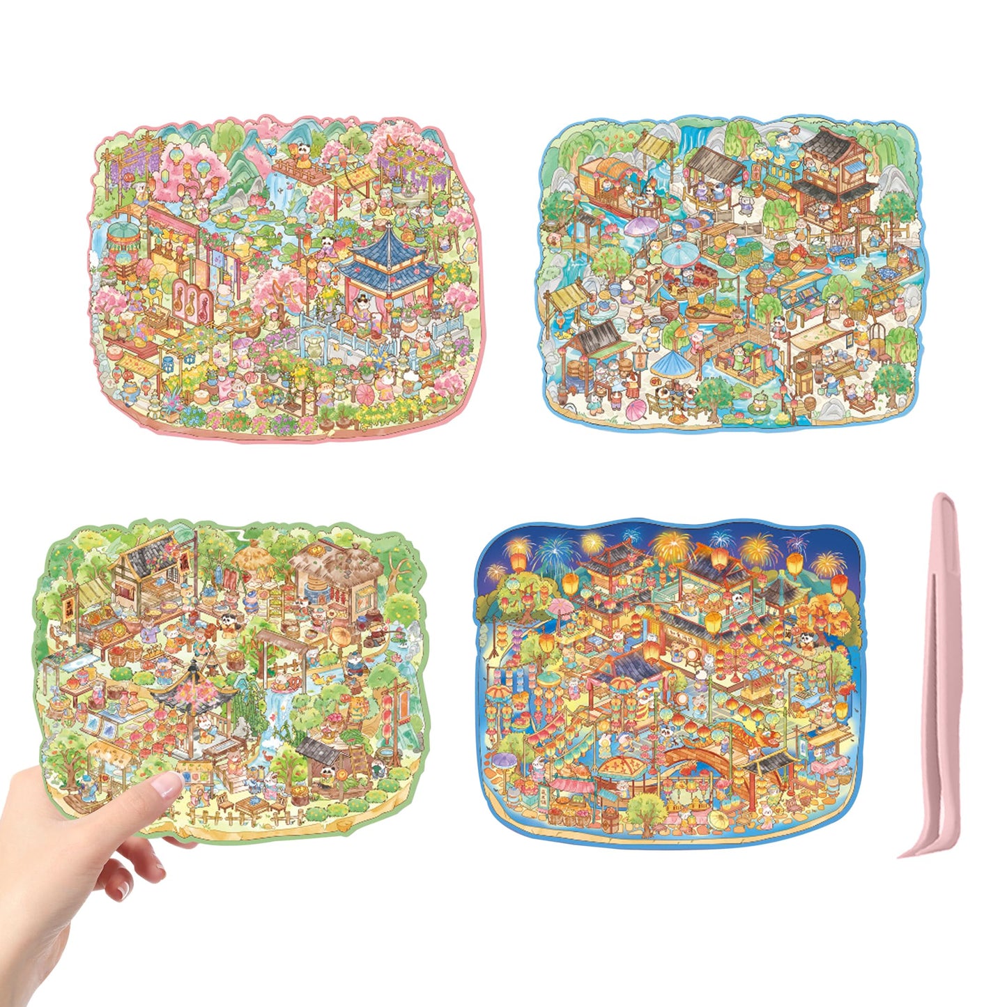 SZXYCZL Cute Miniature Scene 4Sets Big DIY 3D Sticker Scene Stick Ancient Chinese Market, Make You Own Mini House Sticker Therapy for Teen Adult Relief Pass The Time-Ancient Chinese Bazaar