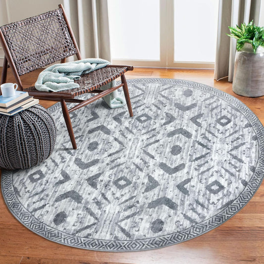 KILOCOCO Round Area Rug 5ft Rug for Living Room Bedroom Machine Washable Non Slip Printed Boho Rugs Low-Pile Soft Circle Rugs for Kitchen Dining Geometric Moroccan Carpet, Grey White