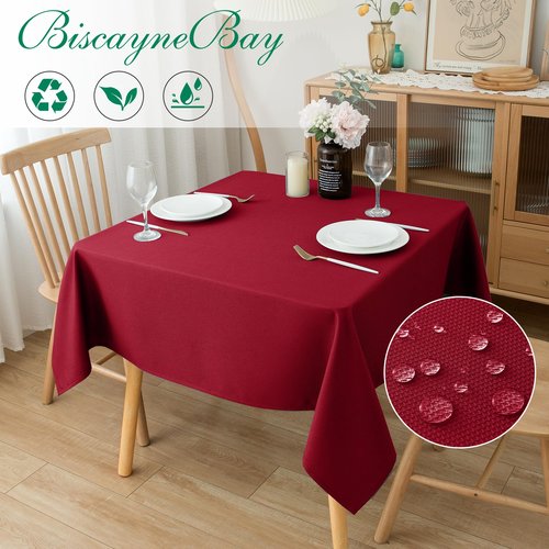 Biscaynebay Textured Fabric Christmas Square Table Cloth 90x90 Inch, Red Water Resistant Tablecloths for Dining, Kitchen, Wedding and Parties, Machine Washable
