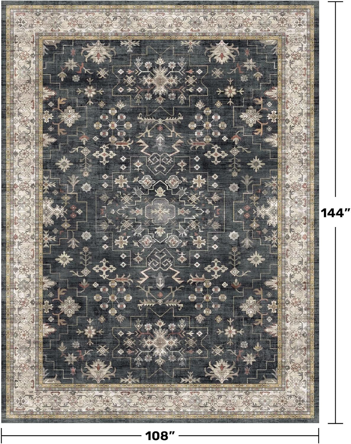 Skiennix Black Boho Rug - Washable 9x12 Vintage Soft Low Pile Carpet for Living Room & Dining Room