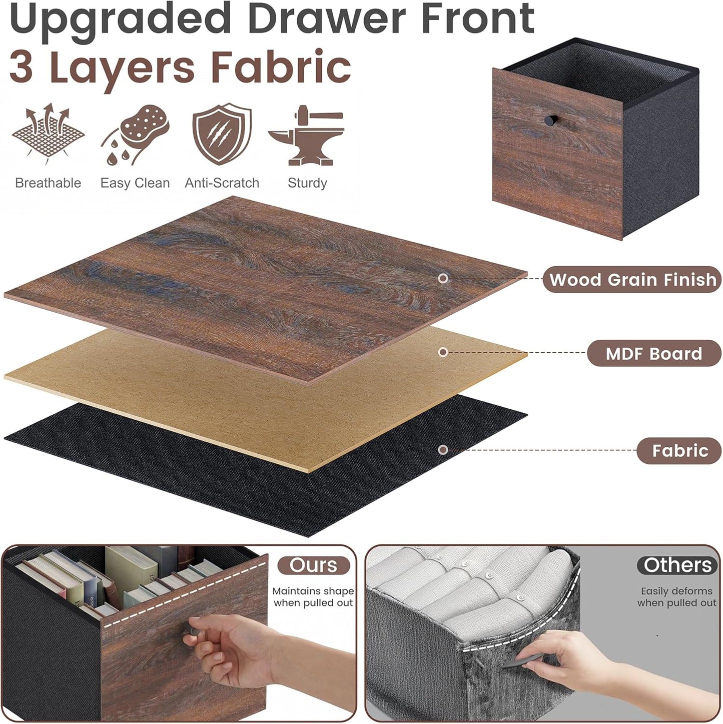 Walnut 16-Cube Storage Organizer - Stylish Wooden Bookcase with 3 Drawers | 47" Wide Freestanding Shelf for Home Office & Library