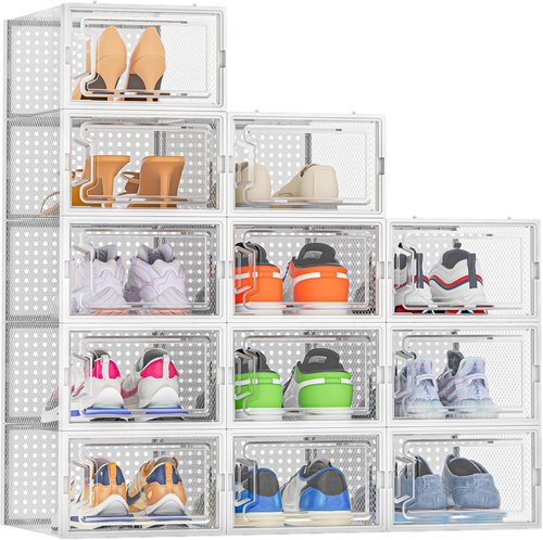 HOMIDEC Shoe Organizer - 12 Pack Clear Plastic Stackable Storage Boxes with Lids for Size 10
