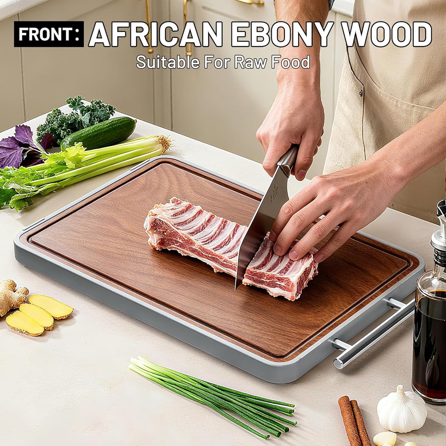 Titanium Cutting Boards - Ebony Wood Double-Sided Chopping Board with Handle & Juice Groove