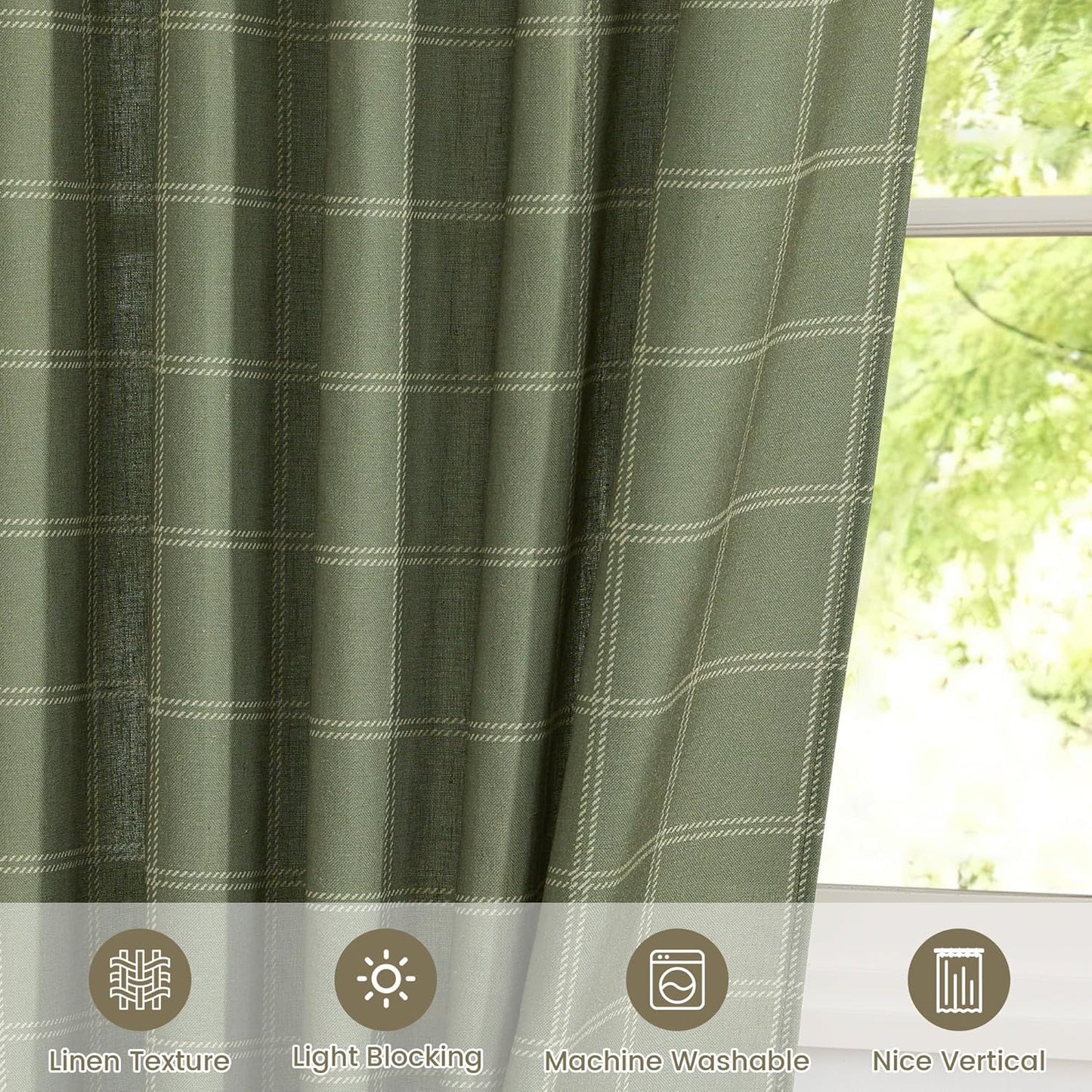 NICETOWN Linen Plaid Curtains - Modern Moss Green Check Window Panels | Light Filtering, 52" x 84" (2 Panels)