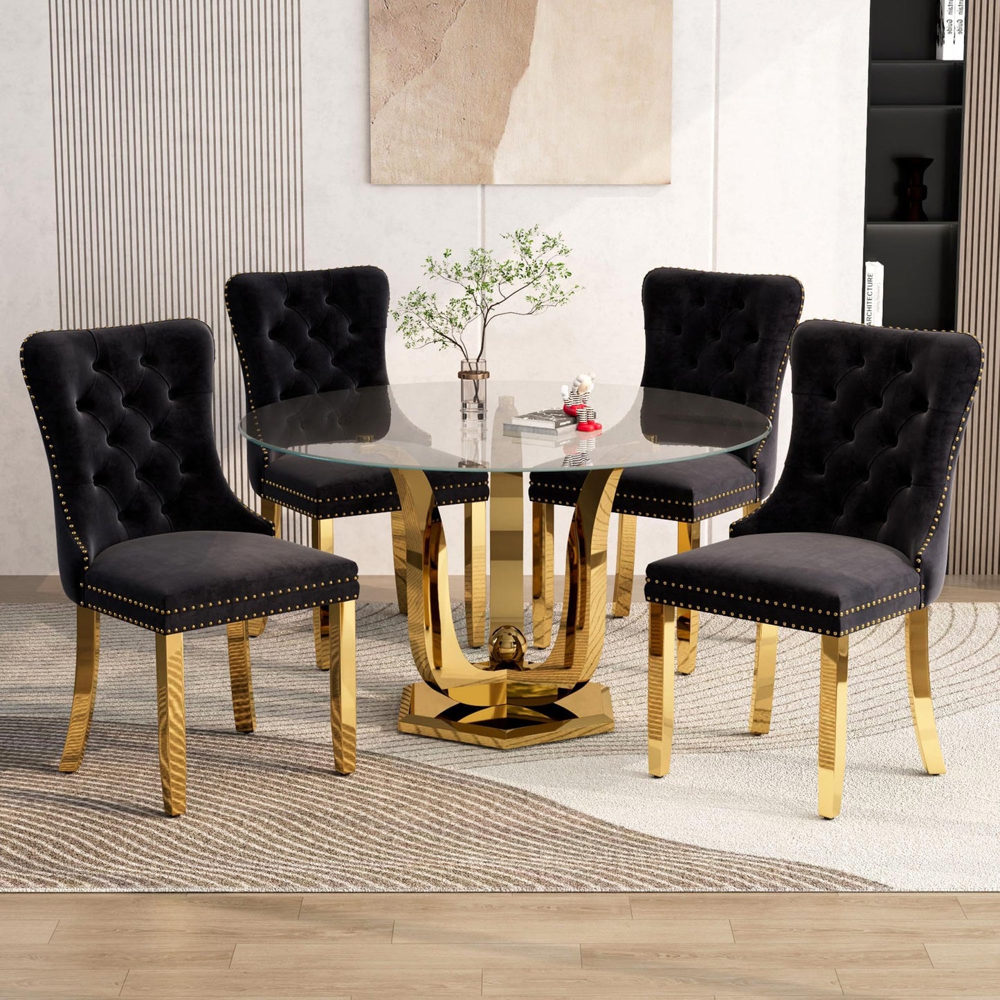 47.2" Round Glass Dining Table for 4-6, Modern Dining Room Table with Circular Tempered Glass Tabletop, Kitchen Table with Stainless Steel Frame for Dining Room, Kitchen, Apartment, Dwelling (Golden)