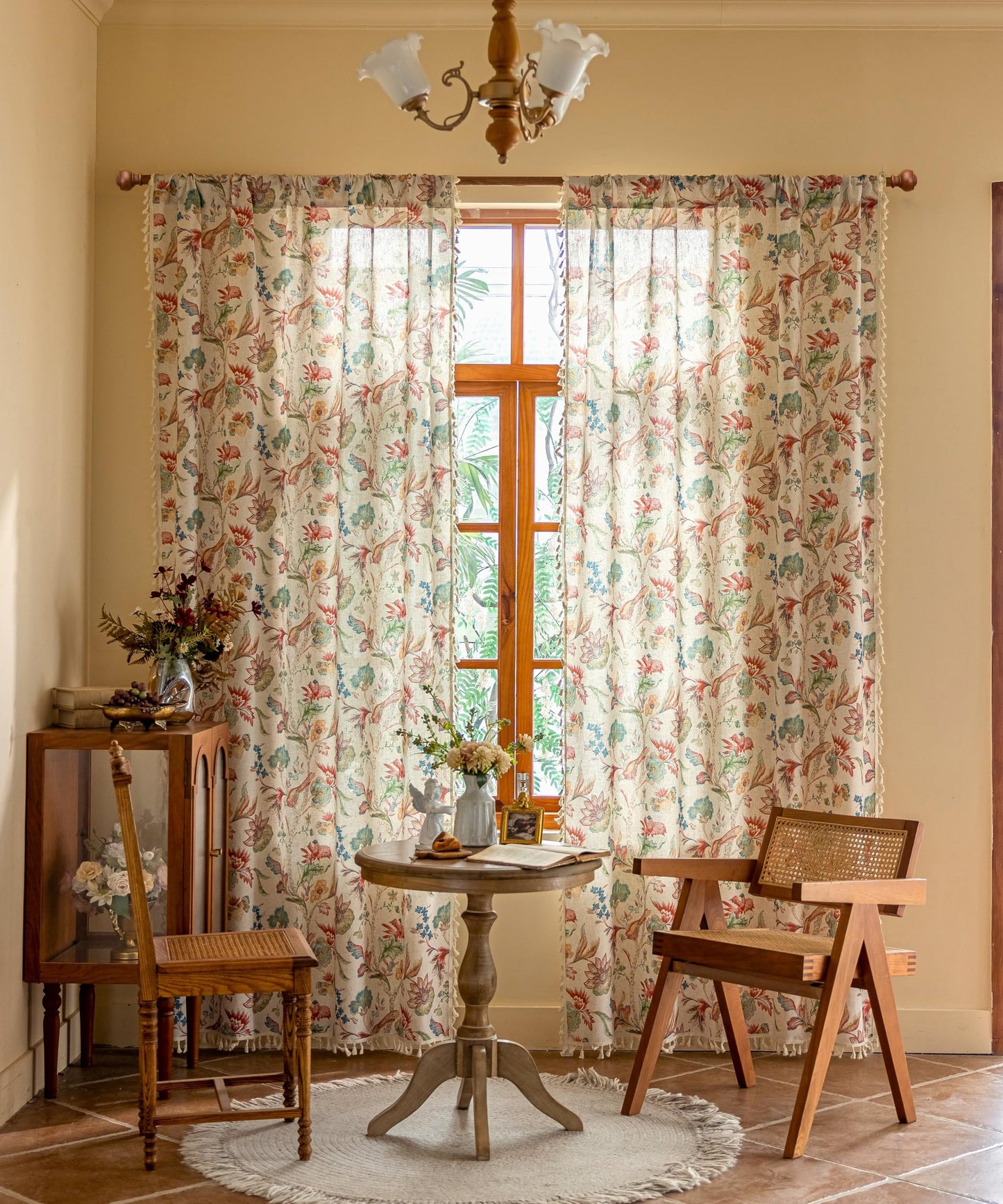 Boho Jacobean Curtains for Living Room 84 Inch Length Colorful Watercolor Bohemian Floral Pattern Linen Window Curtain Panels with Tassel Farmhouse Shabby Chic Drapes Set of 2 W50 x L84 Blue Red