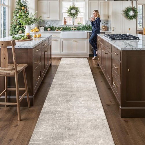 Hallway Washable Runner Rug - Stain Resistant Abstract Design | Soft Non-Slip Indoor Carpet (2'6x14, Beige/Cream)