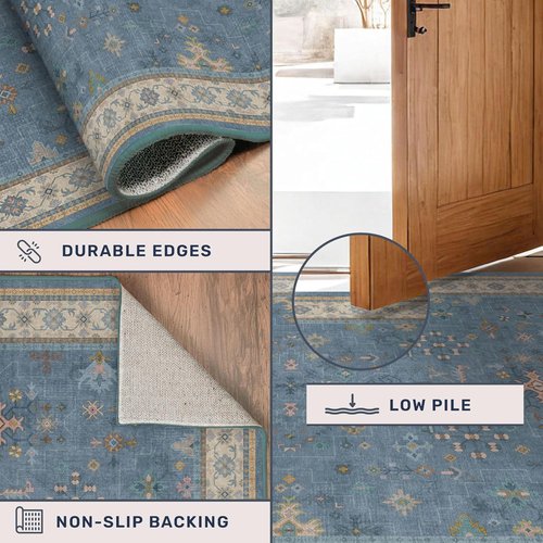 Hazo Haus Boho Area Rug - Large 8x10 Dusky Blue Soft Washable Non-Slip for Living Room & Bedroom