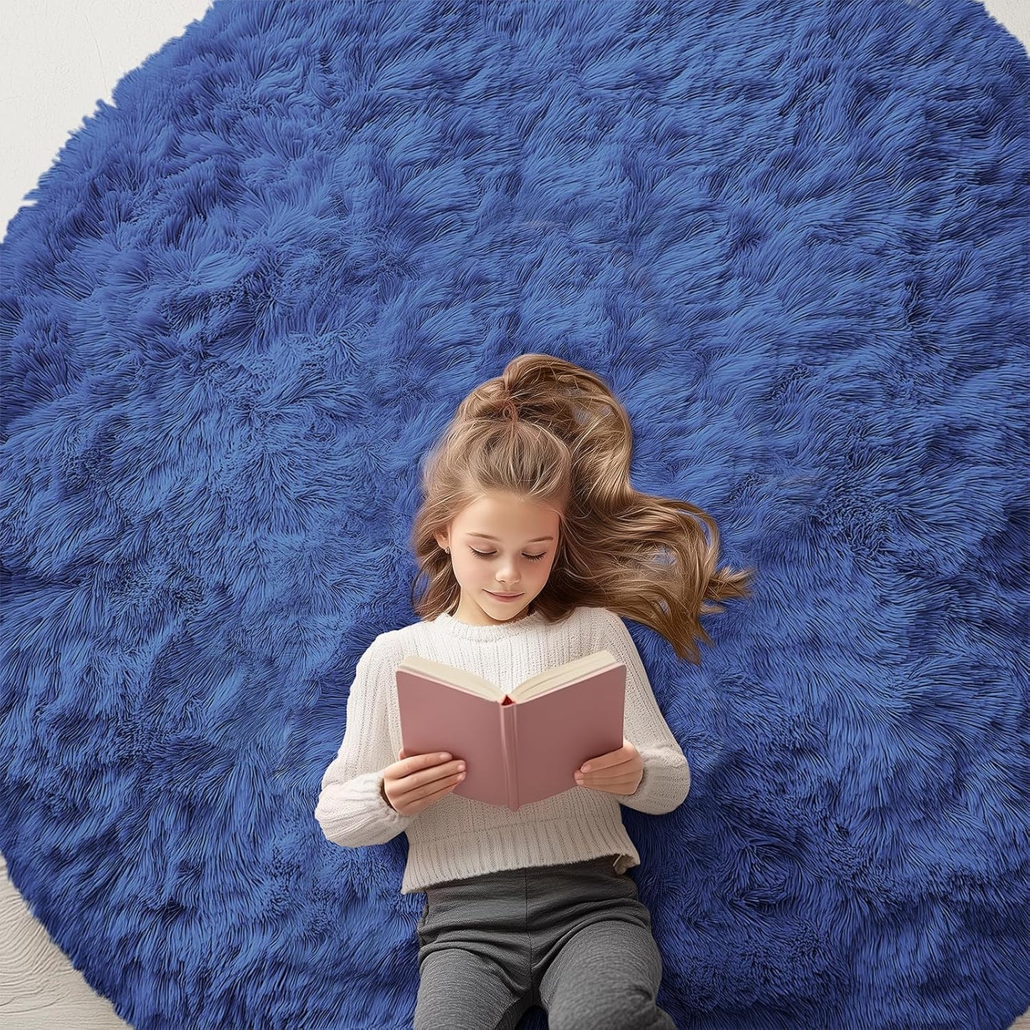 OLANLY Round Navy Blue Area Rug - Soft, Fluffy, Machine Washable 6 ft Carpet for Bedroom & Living Room Decor