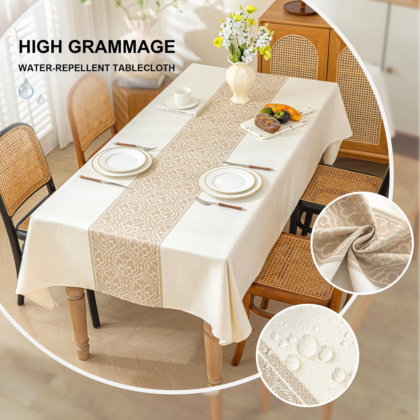 UWWGKK Nordic Beige Rectangular Tablecloth, Premium Drape, Water & Stain Resistant, Elegant Rectangle Table Cover for Dining, Kitchen, Party, Home Decor