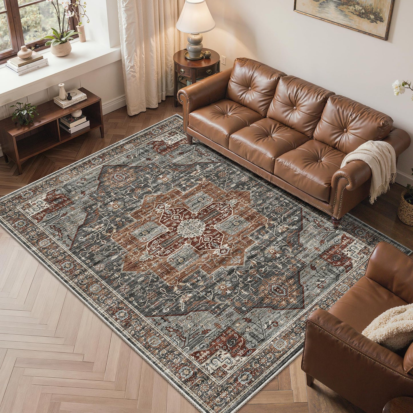 Roxstand 5x7 Area Rugs, Stain Resistant Machine Washable Area Rugs with Non-Slip Backing, Vintage Rugs for Bedroom, Living Room, Large Soft Low Pile Area Rug (Grey/Brown/Tan, 5'x7')