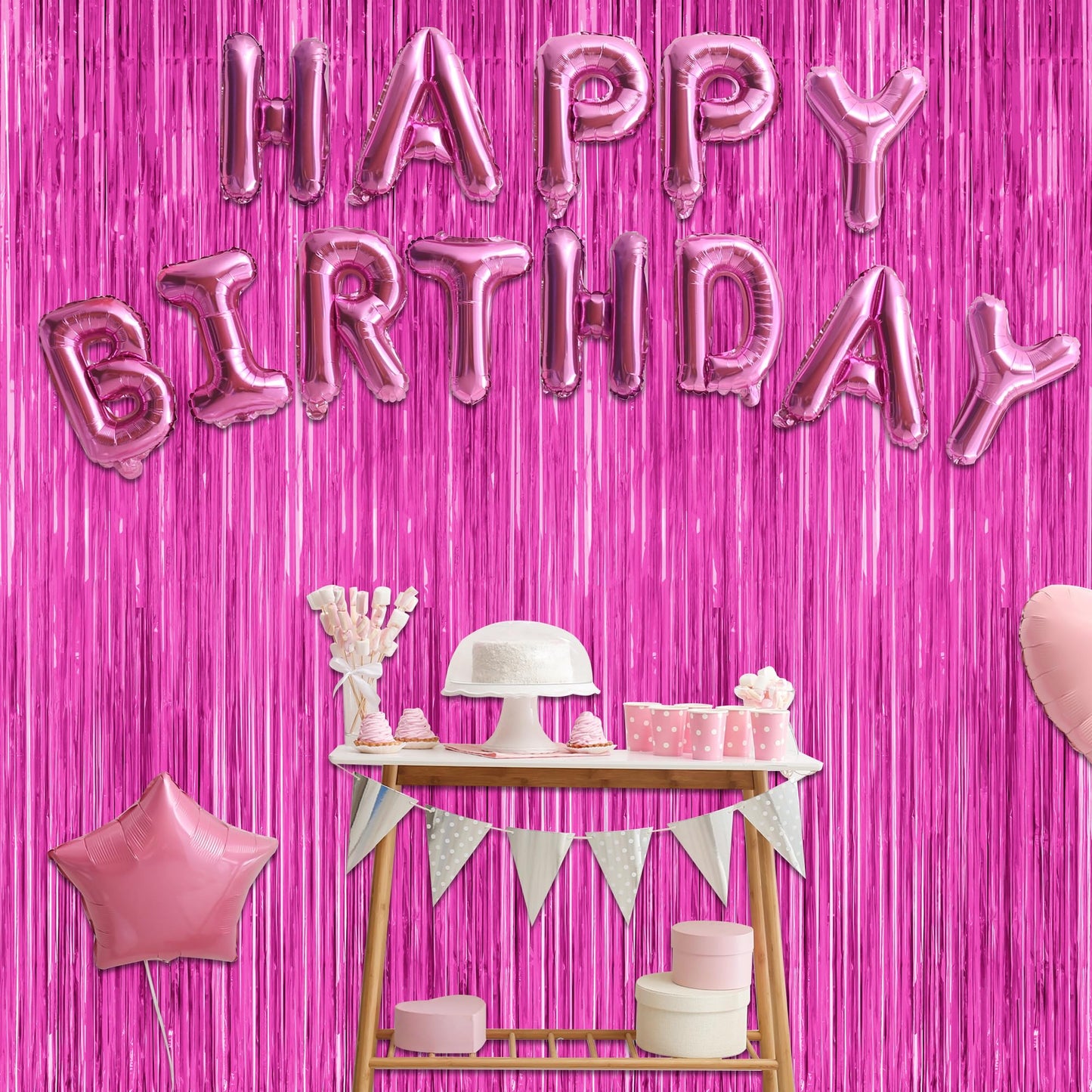 2 Pack Hot Pink Party Decorations, 3.28 FT x 7.05 FT Hot Pink Backdrop, Metallic Rose Red Photo Backdrop Foil Curtains Tinsel Backdrop, Metallic Pink Party Decor Wedding Party Supplies