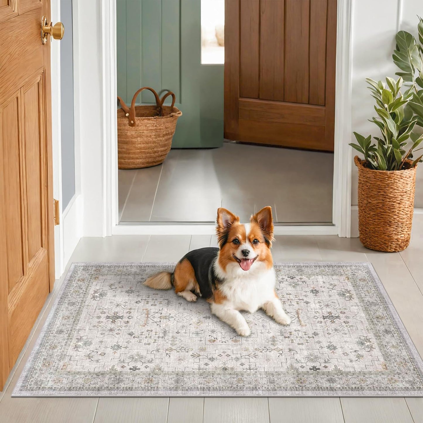 Boho Bathroom Rug by Light Grey | Large 3x4 Washable Floral Design - Non-Slip, Low Pile for Entryway & Bedroom