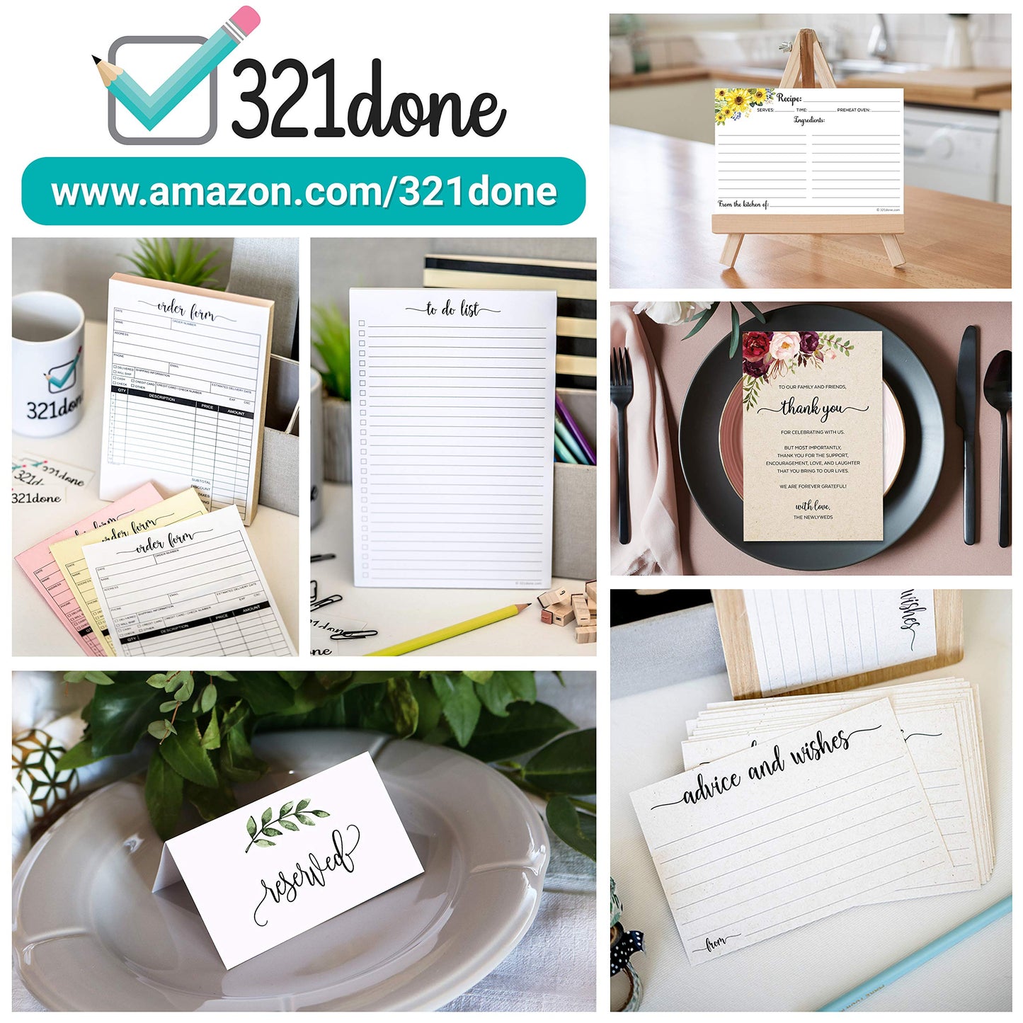 321Done Recipe Cards - Set of 50, Extra Large Double-Sided Thick 5x7 Modern White Recipe Cards, Minimalist Design for Bridal Shower & Wedding Gift, Made in USA