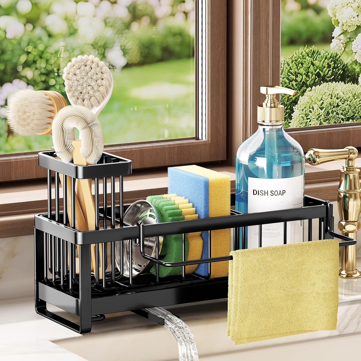 SWTYMIKI Sponge Holder - Self-Draining Kitchen Sink Caddy with Brush Holder | Black Stainless Steel Organizer