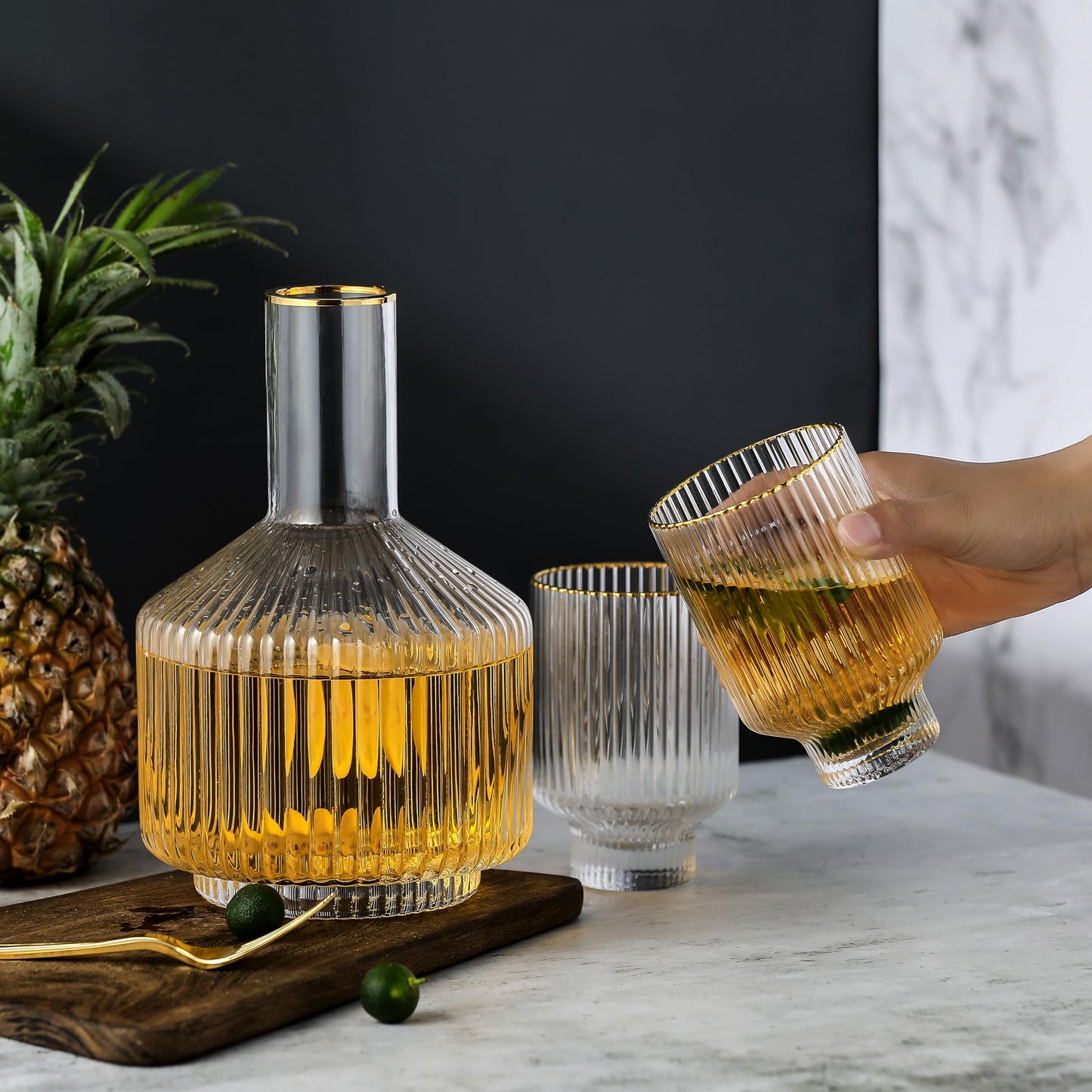 1500° C TABLETOP Bedside Water Carafe and Drinking Glass, 59 oz Carafe 2 Tumblers 13 oz, Mouthwash Decanter With Gold Rim Bedside Glass Set for Nightstand, Gifts