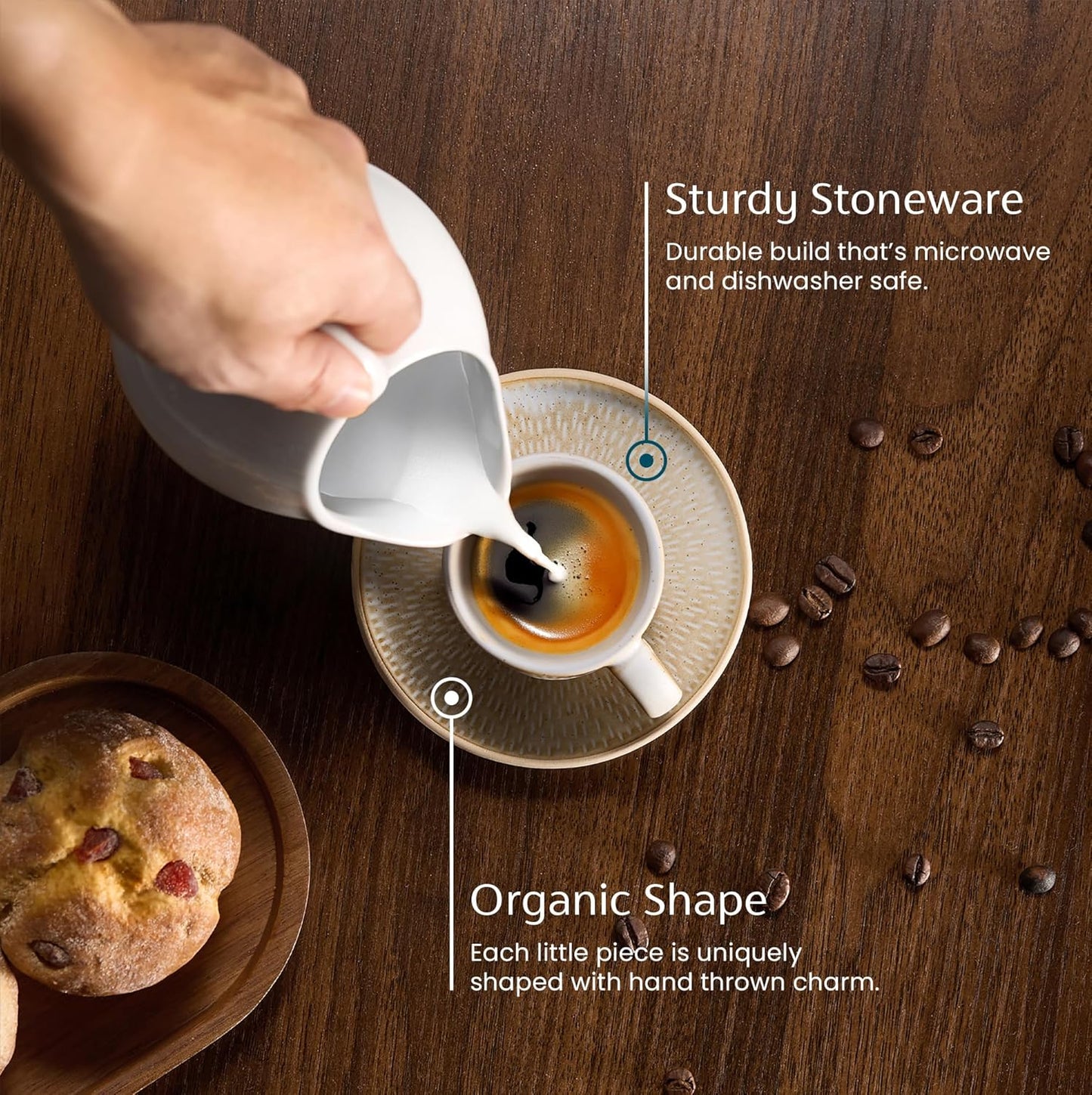 KooK Espresso Mug and Saucer Set - Rustic Ceramic Cups with Feathered Texture | Dishwasher & Microwave Safe, 2.7 oz, Set of 4