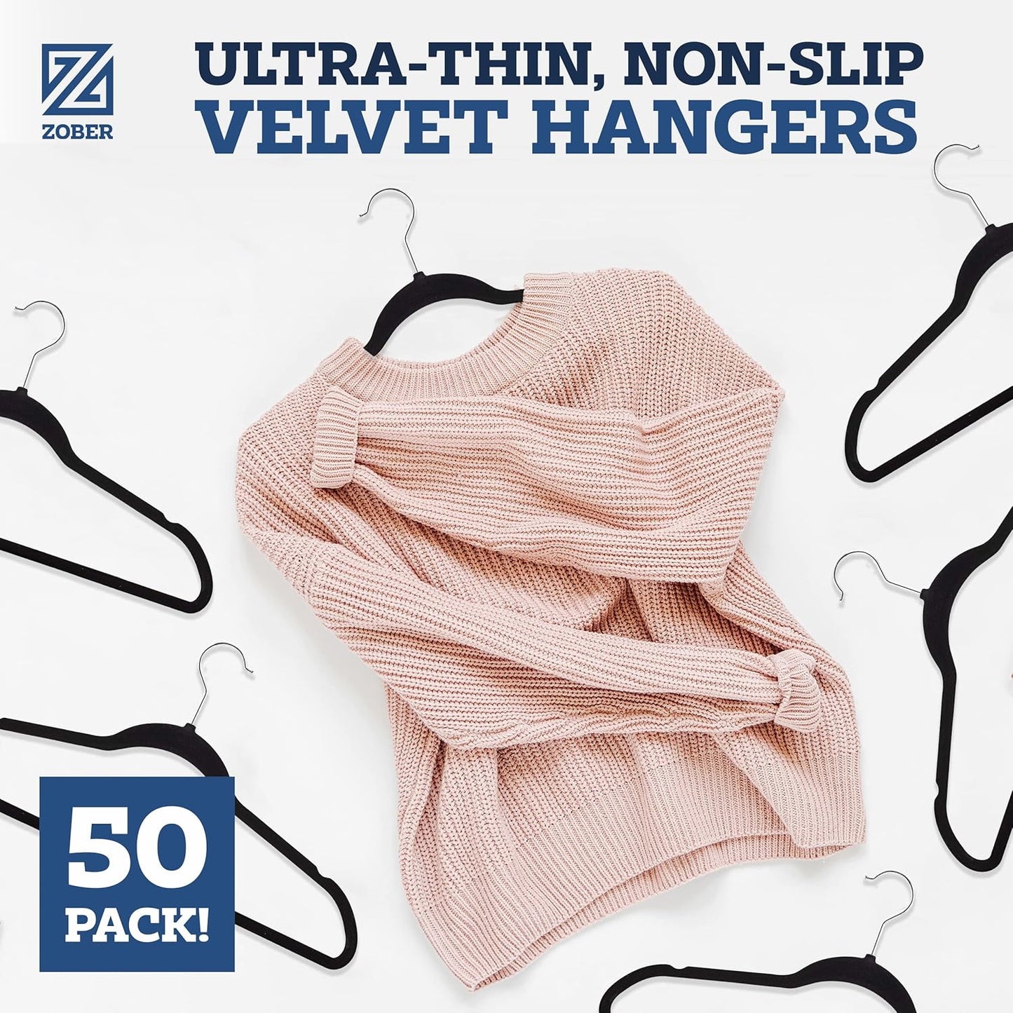 ZOBER Black Velvet Hangers - Non-Slip 50 Pack Clothes Hangers with 360° Swivel | Holds Up to 10 lbs