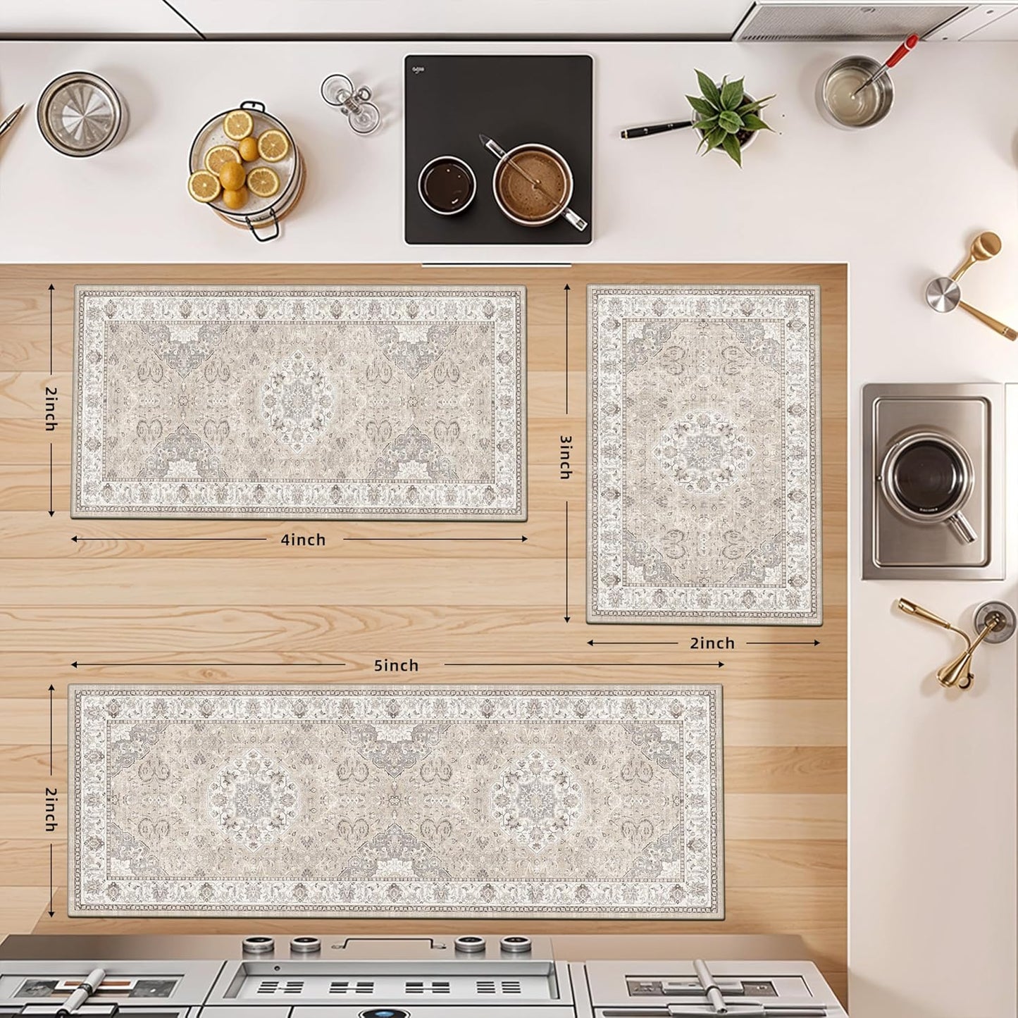 Skiennix Kitchen Rug Set - Washable Water-Resistant Soft Mats with Non-Slip Backing | Beige, 4 Pieces (2x3, 2x4, 2x5, 2x6)