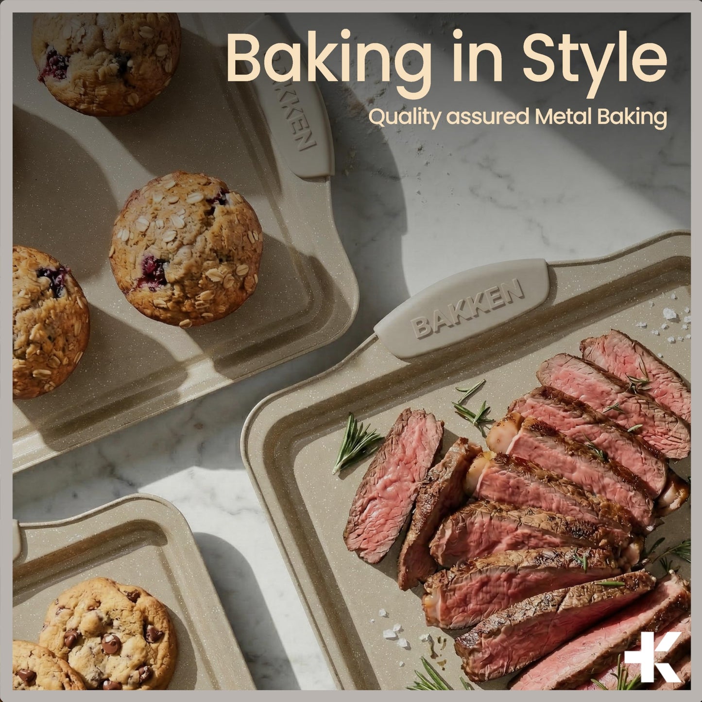 BAKKENMASTER 6-Piece Deluxe Nonstick Baking Pan Set - Professional Grade Carbon Steel Bakeware with White Marble Coating & Silicone Handles
