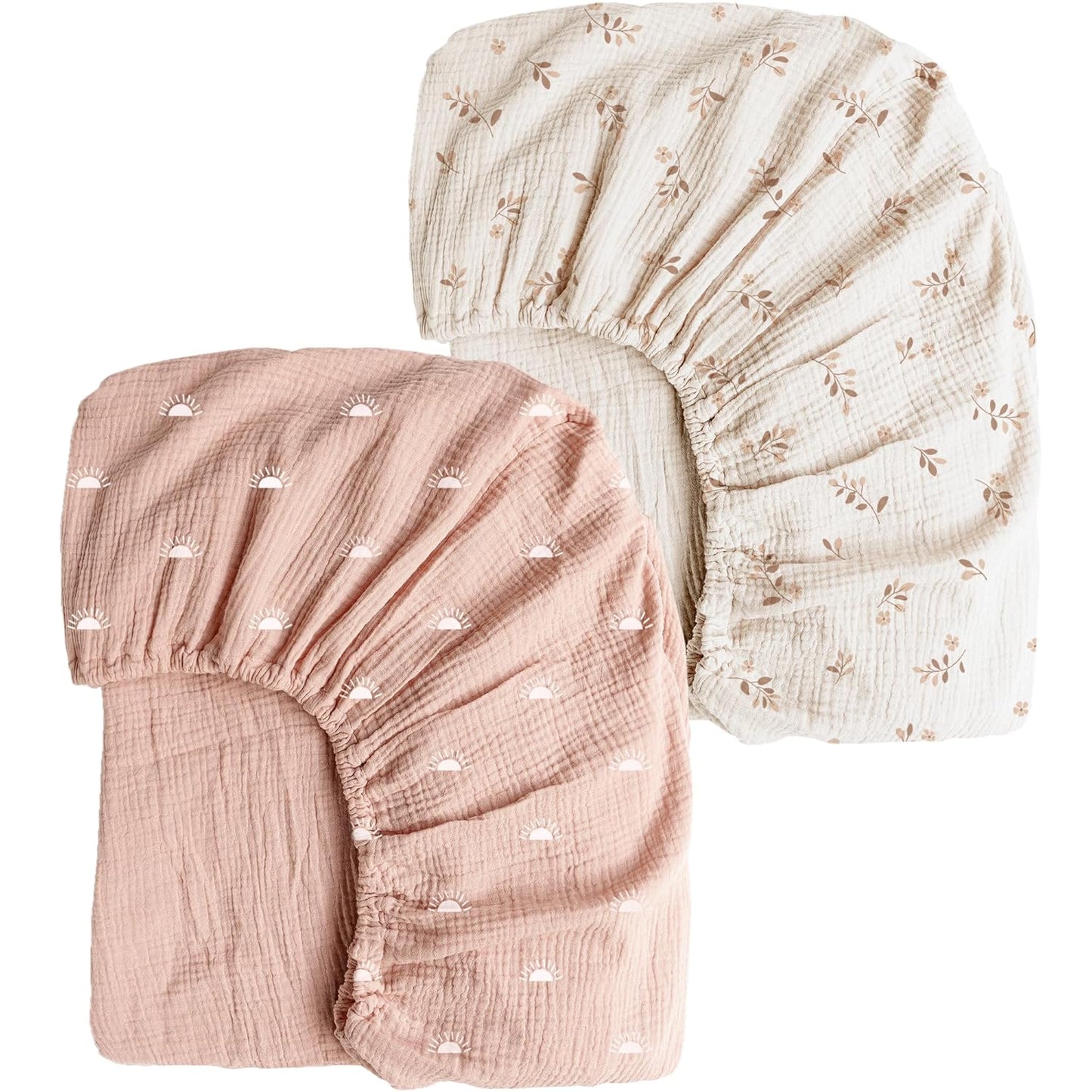 Konssy Muslin Crib Sheets - Soft & Breathable Cotton Baby Sheets for Standard Crib Mattress | 2 PCS (Pink Sun, Khaki Leaf)