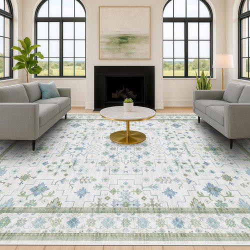 Green Area Rugs 9x12 by [Brand Name] - Washable Geometric Design, Extra Large Non-Slip Faux Wool Carpet for Living Room & Bedroom