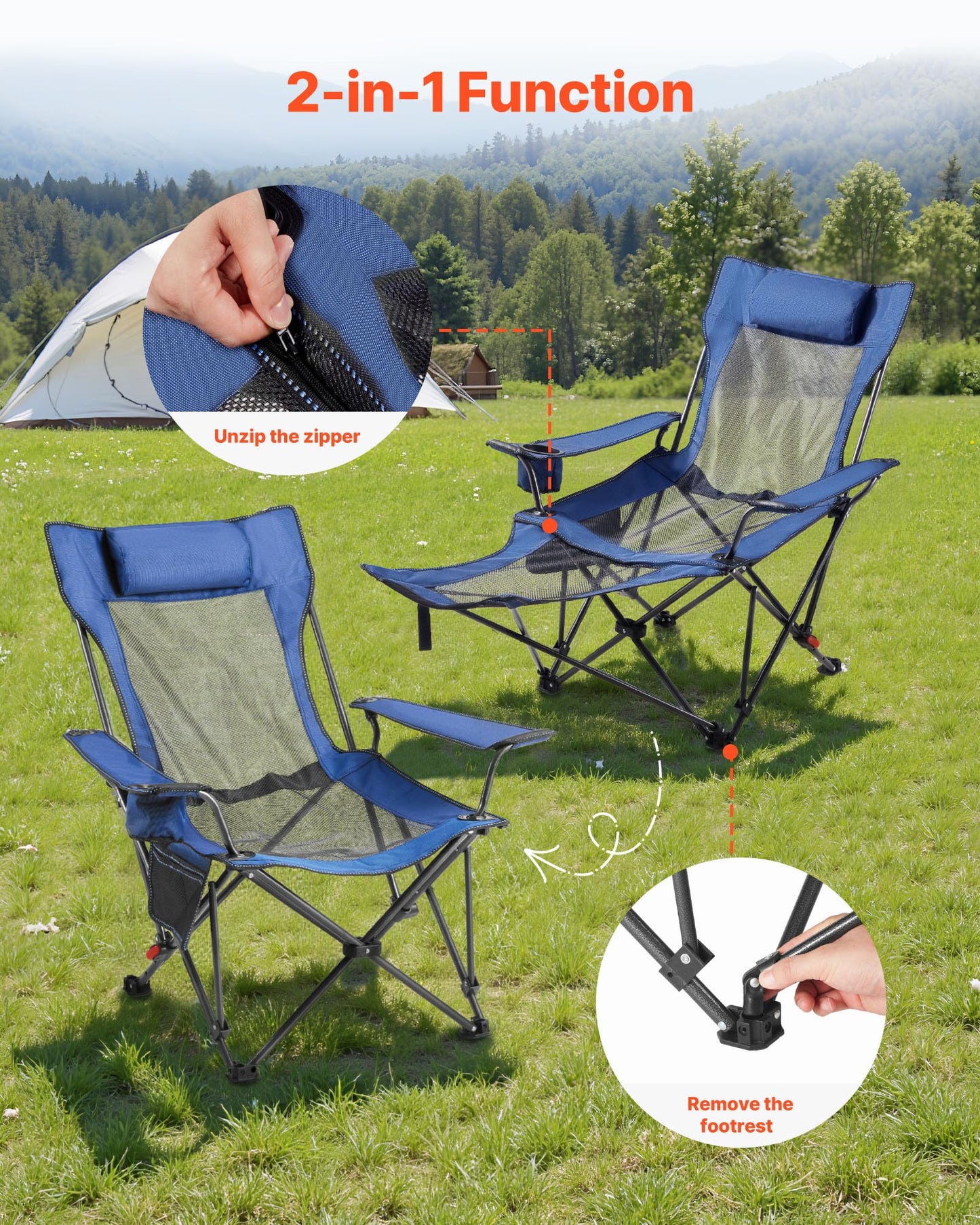 VEVOR 2-in-1 Reclining Camping Chair with Footrest for Adults, 4 Adjustable Positions, Portable Folding Lounger, Lightweight Mesh Beach Chair Supports 220lbs, Heavy Duty Camp Chairs Outdoor, Blue