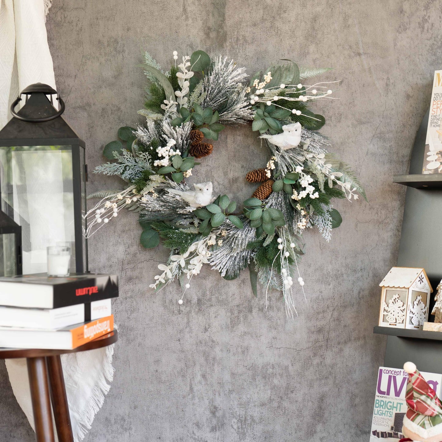 Pinkpuii Winter Wreaths for Front Door 24 Inch Snowy Flocked Christmas Wreath Artificial Green Olive Eucalyptus Wreath with Cute White Owl,Pine Cones,Cedar,White Berries for Indoor Outdor Decor