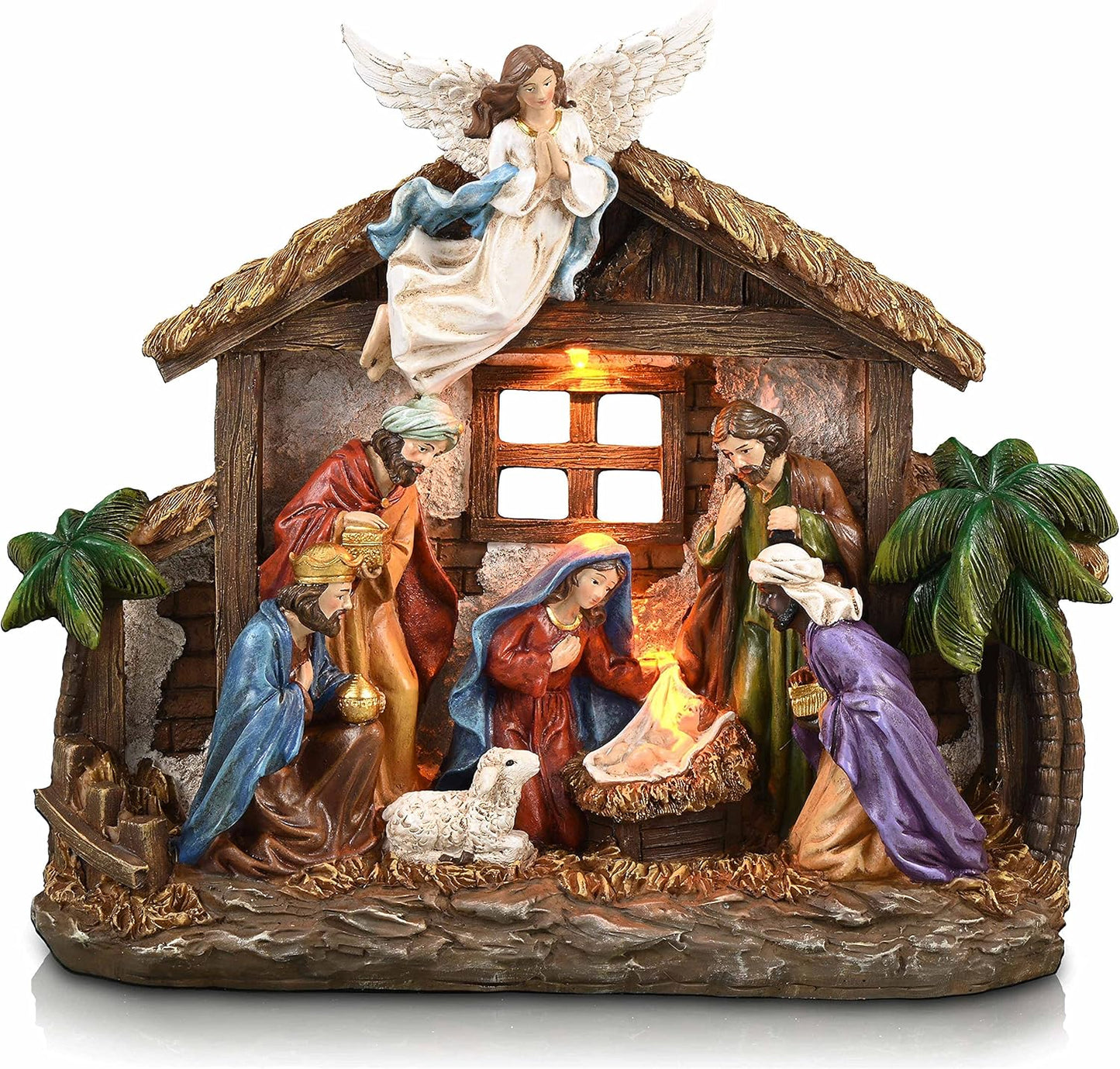 Valery Madelyn Nativity Figurines Set - LED Lights & Red Gold Holy Family | 10.6 Inch Resin Manger Decor