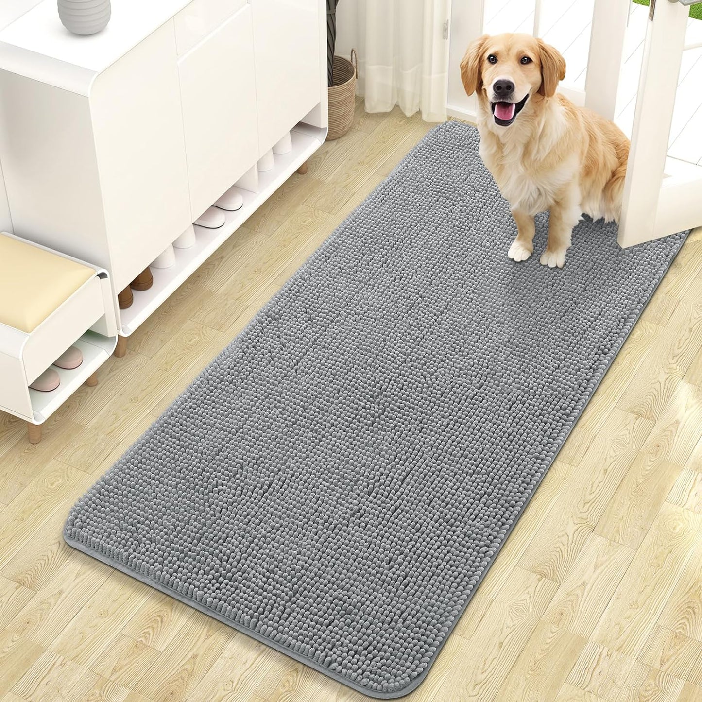 OLANLY Dog Door Mat - Absorbent Non-Slip Mud Mat for Dogs | Quick Dry Chenille, 47x24, Grey