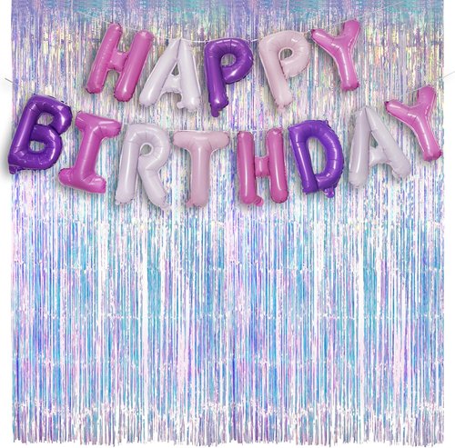 GREATRIL Iridescent Party Streamers Backdrop - Purple & Pink Banner for Stunning Party Decorations