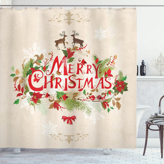 Christmas Shower Curtain - Merry Xmas Fir Tree & Poinsettia Decor, 69x70" Fabric