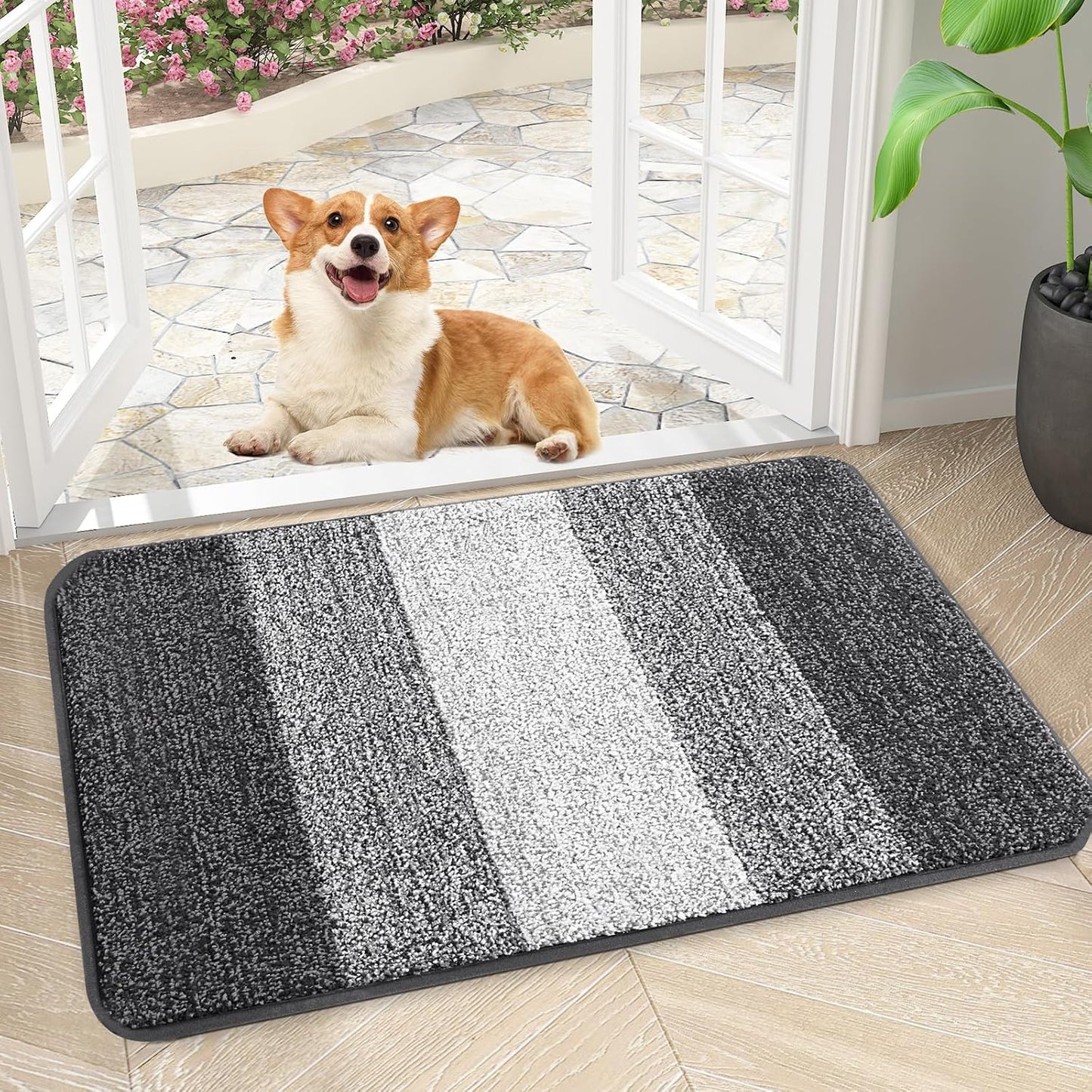 Kitinjoy Indoor Outdoor Door Mat - Non-Slip Absorbent Dirt Trapper | 30x17 Low-Profile Grey Doormat