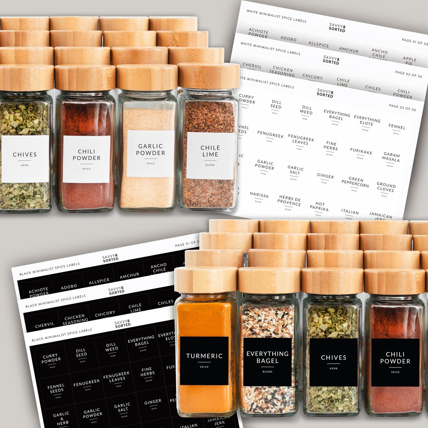 SAVVY & SORTED Glass Spice Jars with Label, 24PK Bamboo Jar Spices Set 4oz, 374 Spice Labels, Pepper Grinder, Empty Herb Seasoning Containers, Funnel and Shaker Lids