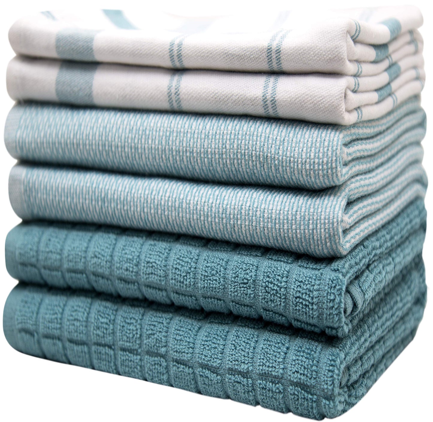 Premium Kitchen Towels (20”x 28”, 6 Pack) | Large Cotton Dish Towels | Flat & Terry Highly Absorbent Kitchen Linen Set with Hanging Loop | Teal Check