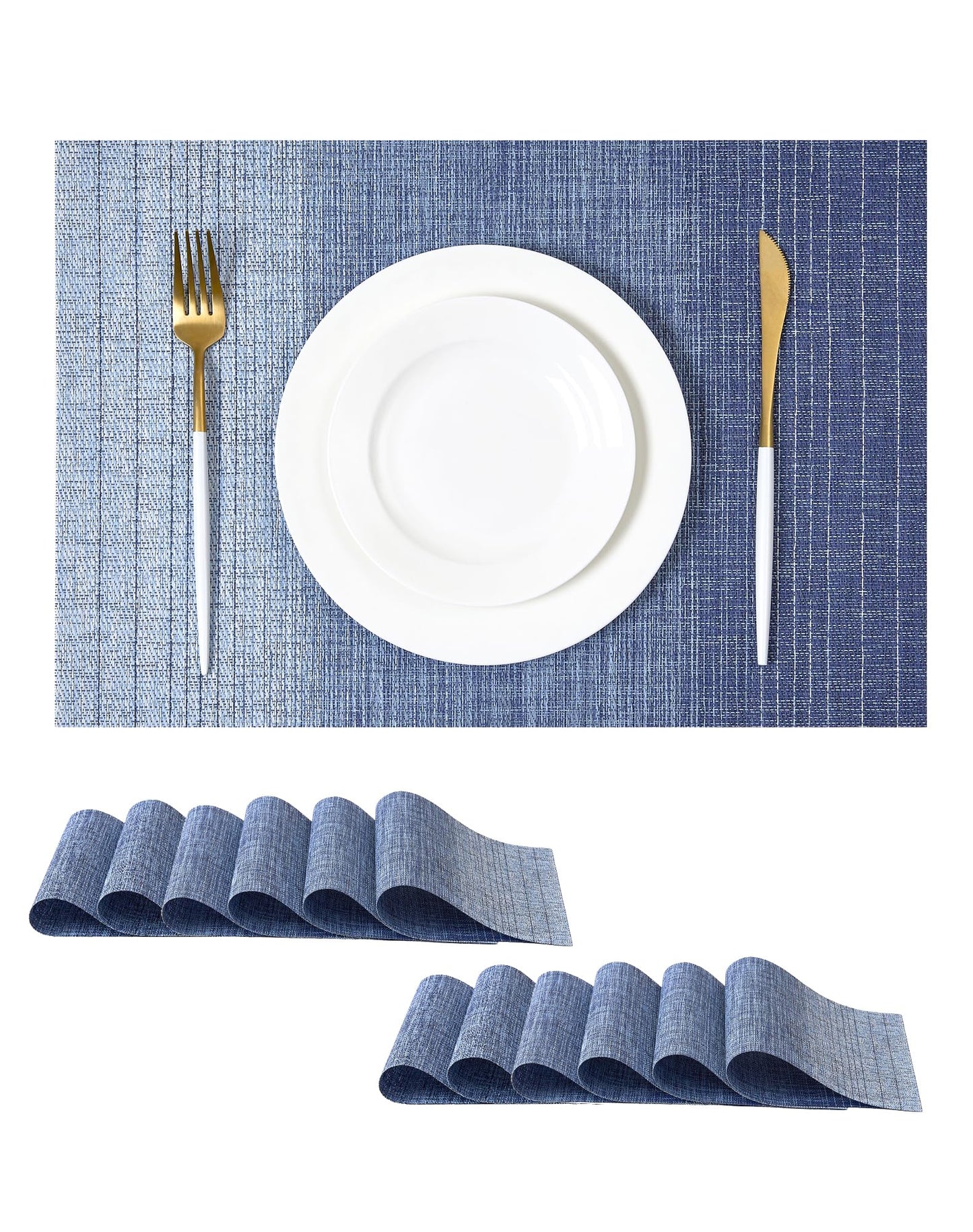 Leetaltree Gradient Blue Woven Placemats Set of 12 - Heat Resistant Non-Slip Place mats for Dining Table, Washable Durable PVC Vinyl Woven Table Mats(Gradient Blue, 12)