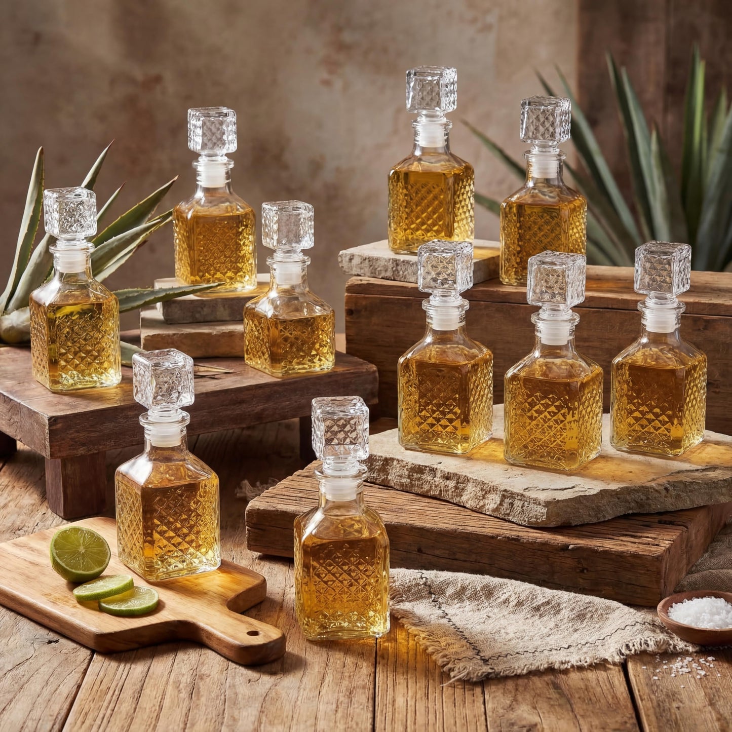 Chuangdi 24 Pcs Mini Glass Wine Bottles 1.7oz Glass Patron Bottles with Stopper Decorative Tequila Bottle for Whiskey Vanilla Extract Champagne Wedding Baby Shower Party Favors(Square Style)