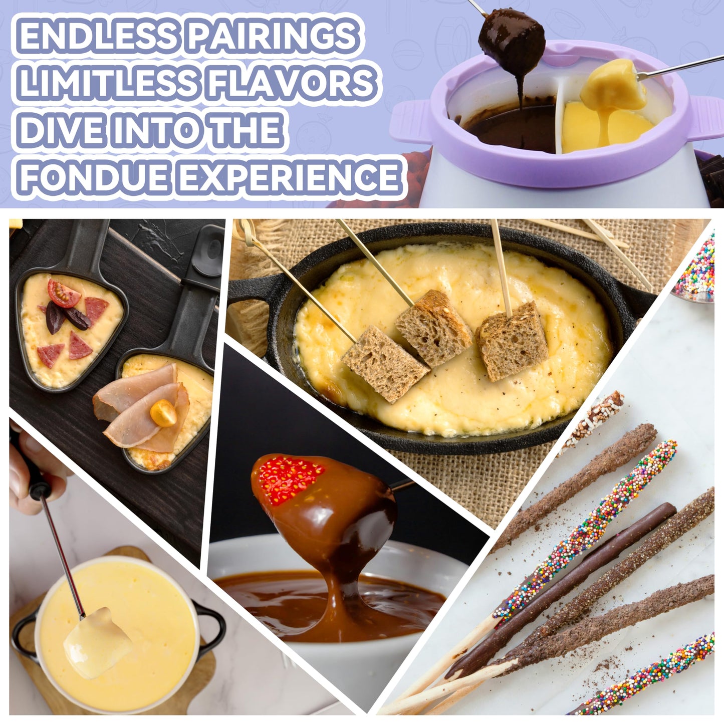 Party Desserts Electric Fondue Pot Set with 2 Pots, Candy & Chocolate Melting Pot, Melting Chocolate Warmer for Dipping, Fondue Pot Electric Set, Fondue Forks Included, 2.5 Cups, Lavender