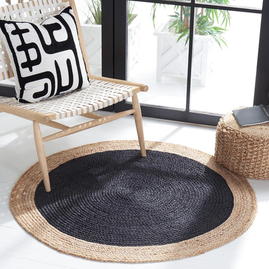 SAFAVIEH Natural Fiber Collection 4' Round Black/Natural NF801Z Handmade Boho Braided Premium Jute Entryway Foyer Living Room Bedroom Kitchen Area Rug