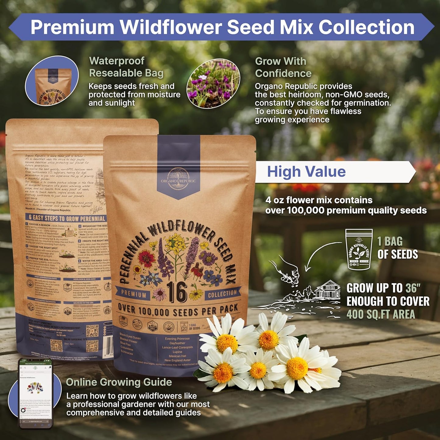 Organo Republic Wildflower Seeds Mix - 100,000+ Non-GMO Heirloom Seeds for Indoor & Outdoor Gardens | 4oz Packet