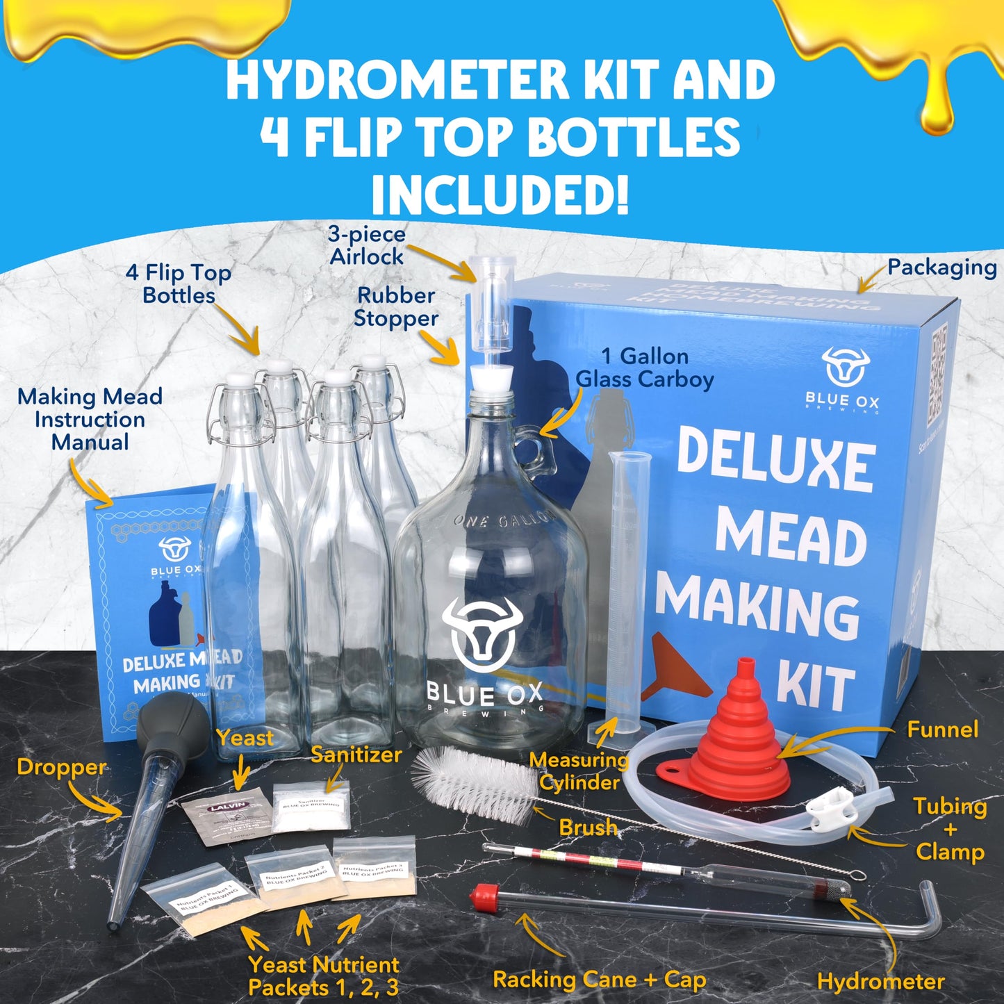 Blue Ox Brewing DELUXE Mead Making Kit with Storage Bottles, Hydrometer & Extra Yeast Nutrients - Honey Wine Making Kit - Mead Kit Complete - Mead Supplies for 1 Gallon of Mead – Mead Brewing Kit