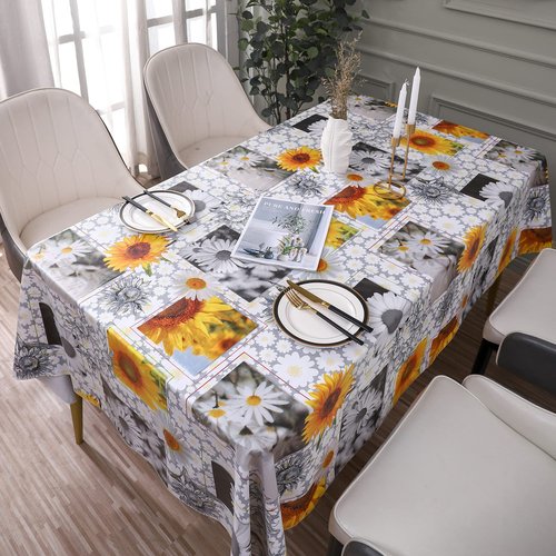 Heavy Duty Vinyl Tablecloth with Flannel Backing Waterproof Oil-Proof Plastic Table Cloth Stain-Resistant Wipeable Rectangle or Square Table Cover for Indoor and Outdoor ( Sunflower, 60X102 Inch)