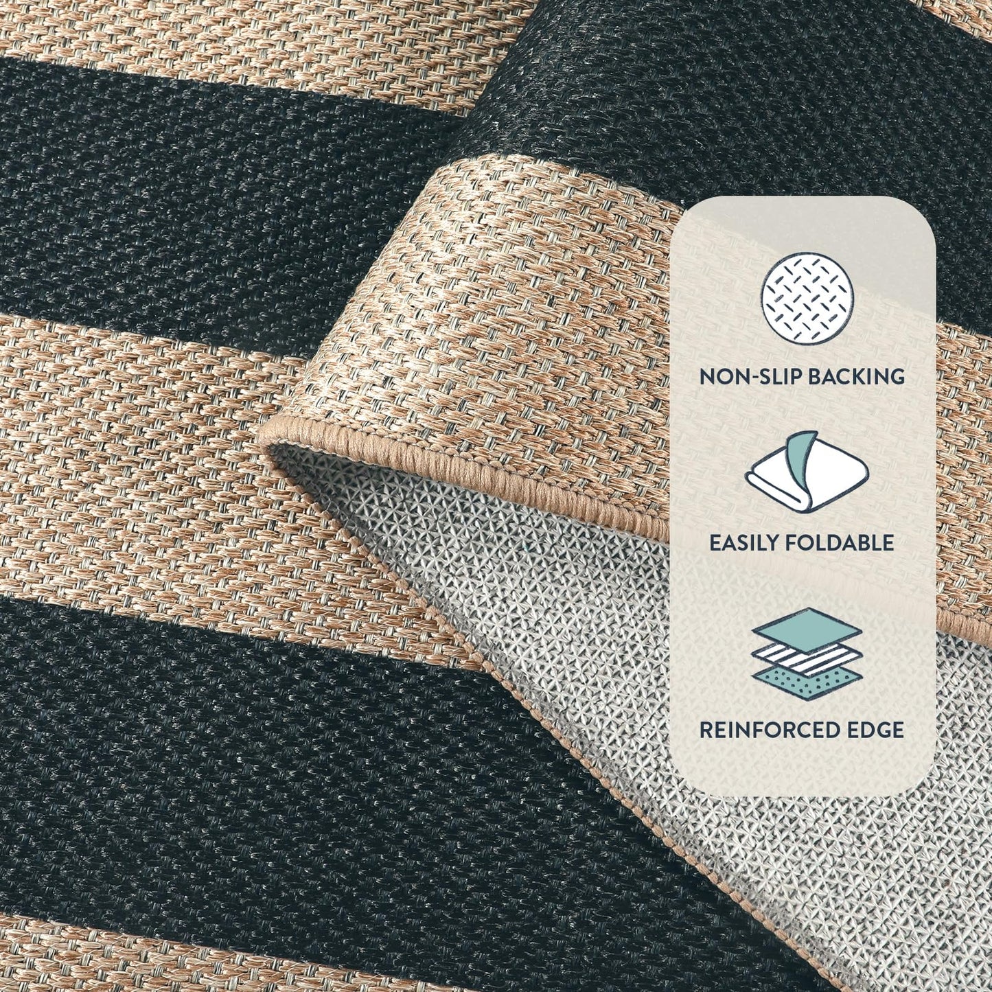 Lahome Elance Striped Easy Jute Outdoor Rug 5x7, Large Neutral Dining Living Room Rug, Farmhouse Non Slip Non Shedding Washable Indoor Outdoor Black Carpet for Office Deck Patio Backyard Bedroom