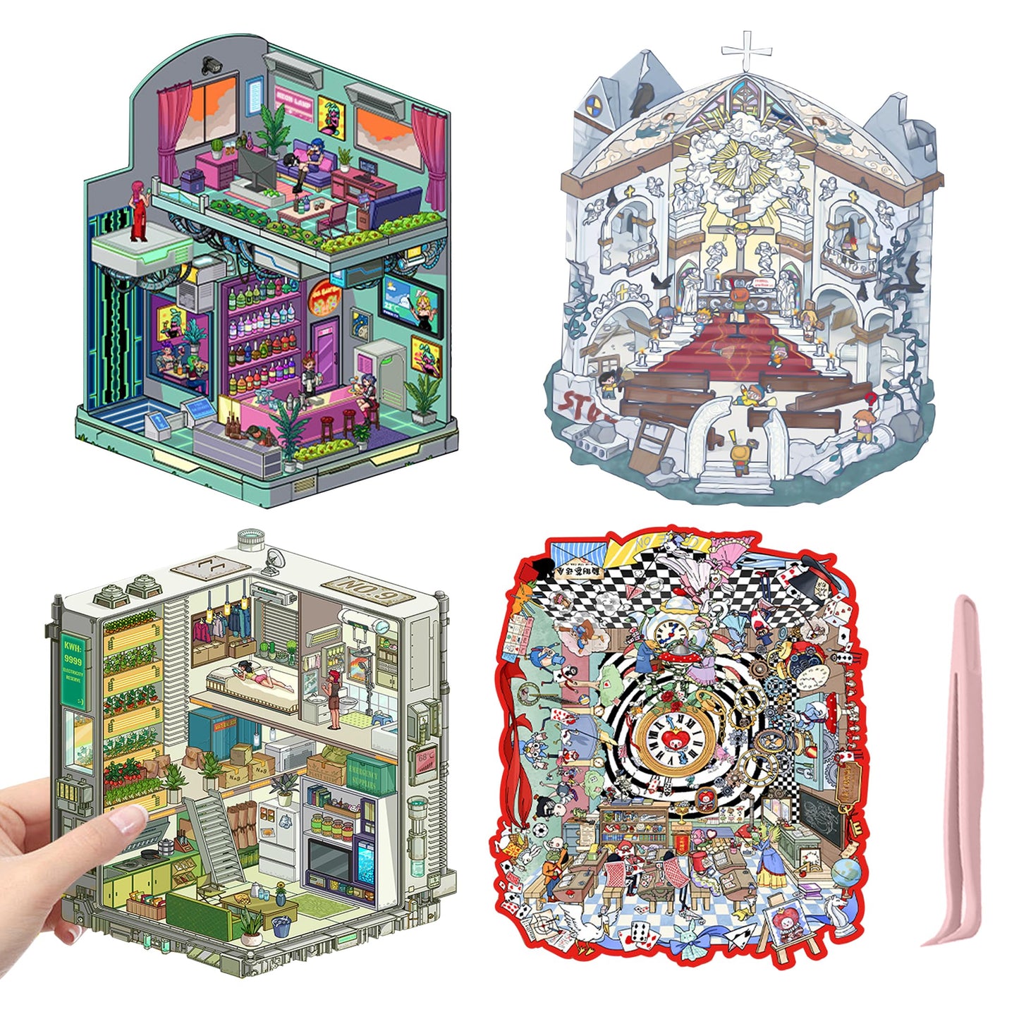 SZXYCZL Ultramodern Style Miniature Scene 4 Sets DIY 3D Stickers Scene Ultra Modern Futuristic, Make You Own Mini House Sticker Therapy for Teen Adult Relief Pass The Time-Ultramodern Style
