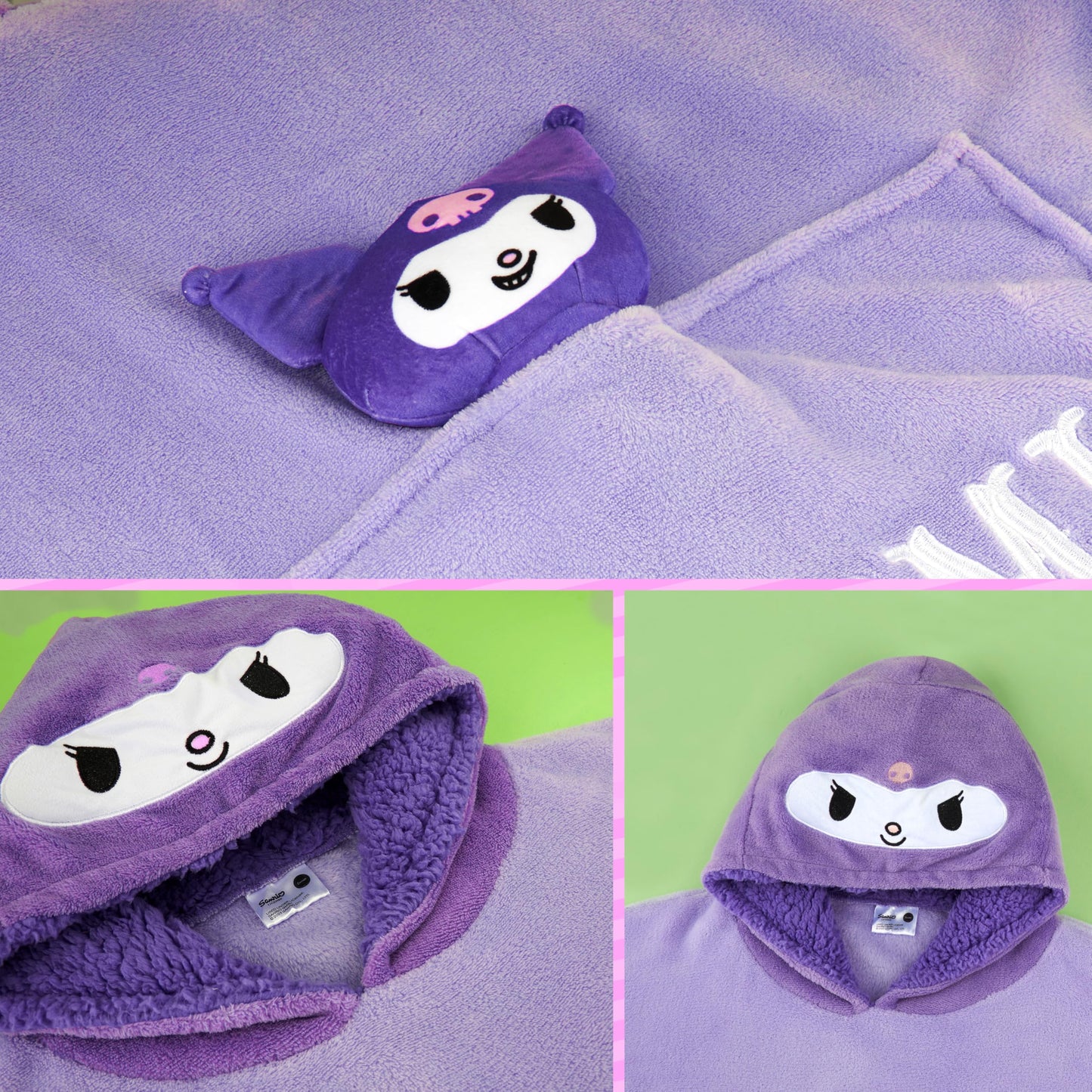 Hello Kitty Sanrio Kuromi Blanket Hoodie Girls, Teens, Kawaii Fleece Wearable Blanket with Plush, Loungewear Gifts for Girls (Purple Kuromi)