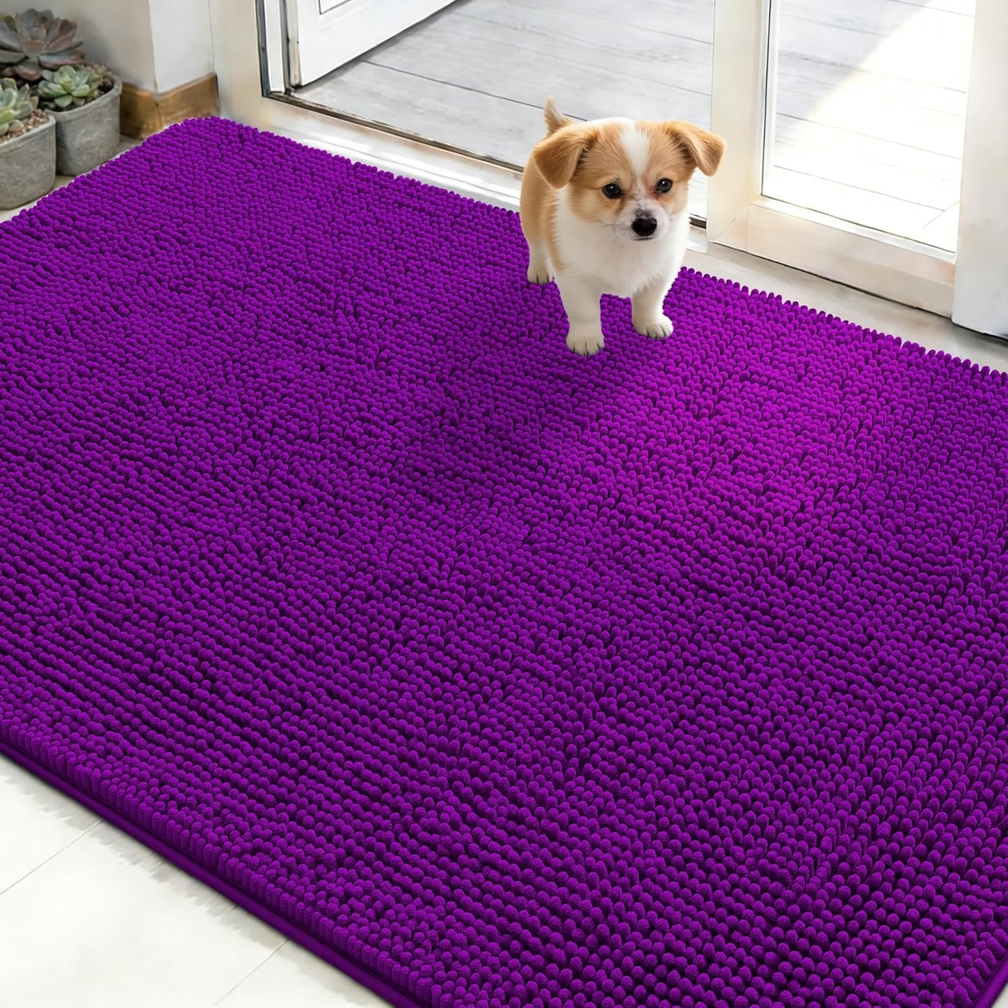 OLANLY Dog Door Mat - Absorbent Non-Slip Chenille for Muddy Paws | 50x30 Inches, Quick Dry, Purple